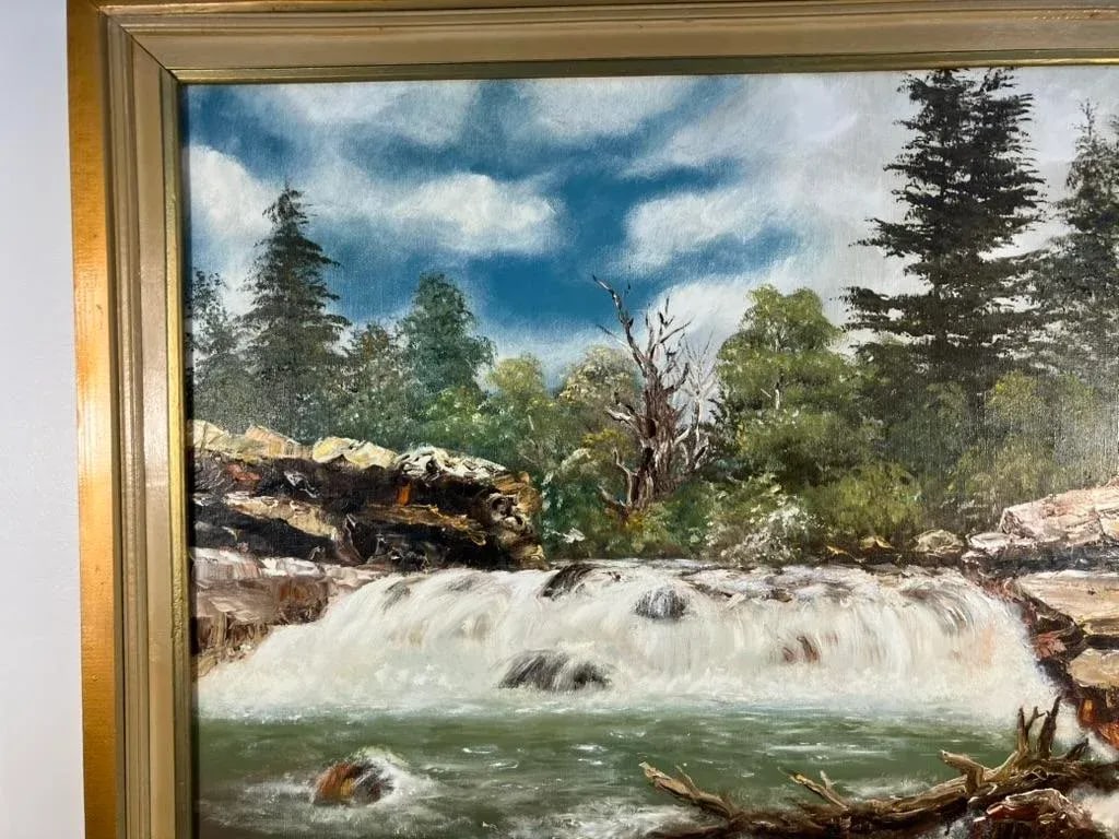 Vintage Large Landscape Oil Painting of Waterfall by Walter - 5