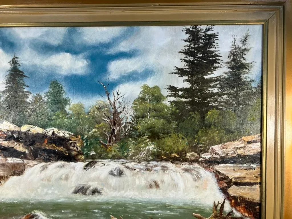 Vintage Large Landscape Oil Painting of Waterfall by Walter - 6