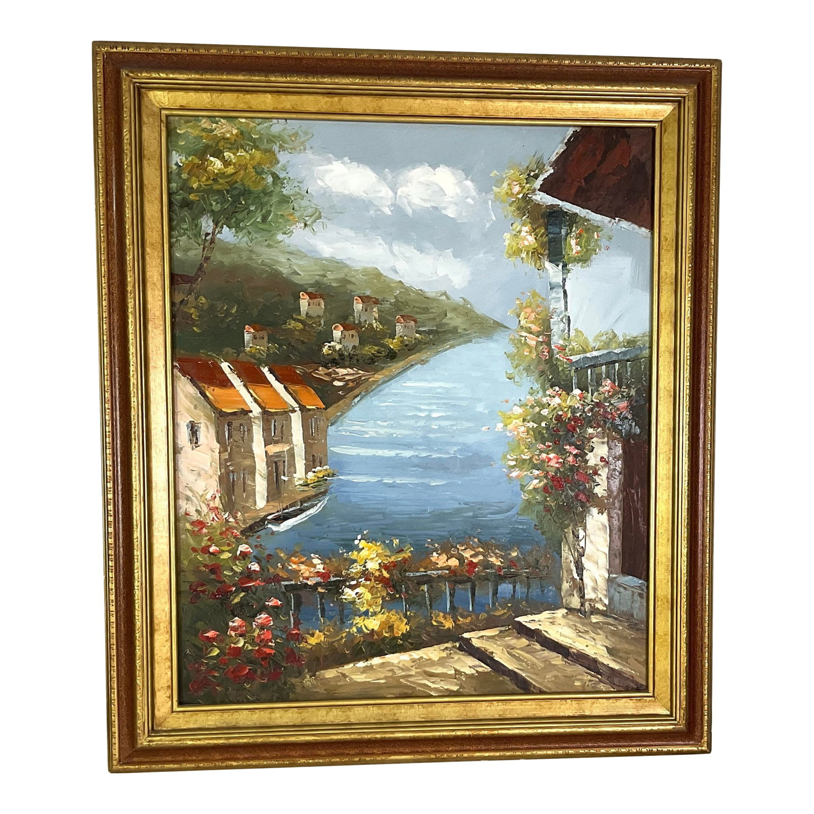 Mediterranean Scene -Oil on Canvas-Unsigned: Mediterranean scene-original oil on canvas-unsigned Seaside Villa looking out over the bay Embossed gold hardwood frame Makes a great piece of furnishing art Condition: Alterations: Original