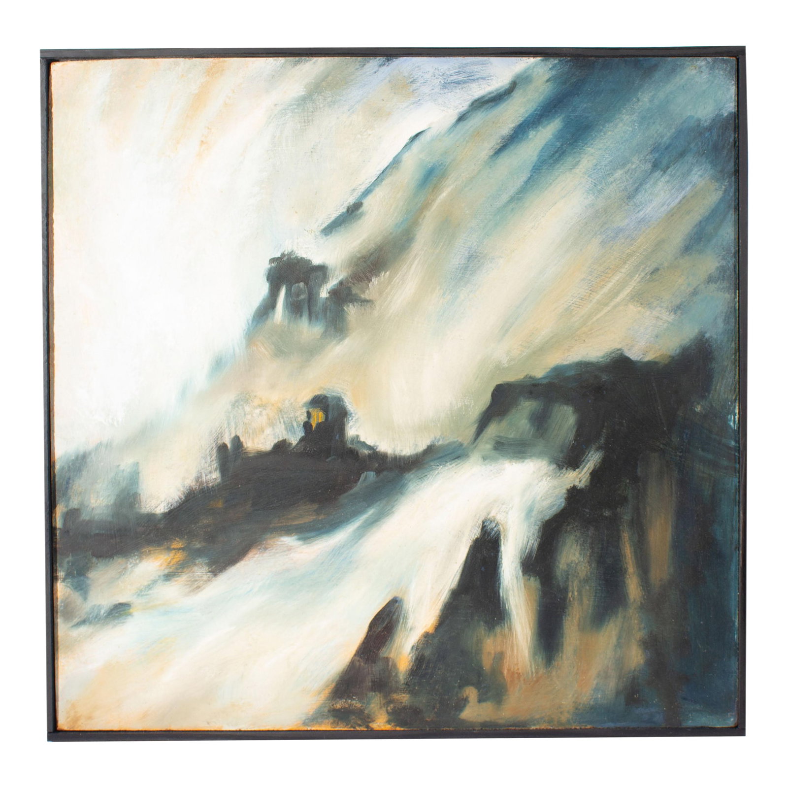 1960s Oil on Board Abstract Painting by James L. Bruch: A 1960s oil on board painting by the American artist James L. Bruch (1942-2023). This abstract work depicts a rocky landscape shrouded in clouds and mist. Signed verso, the painting is displayed in a