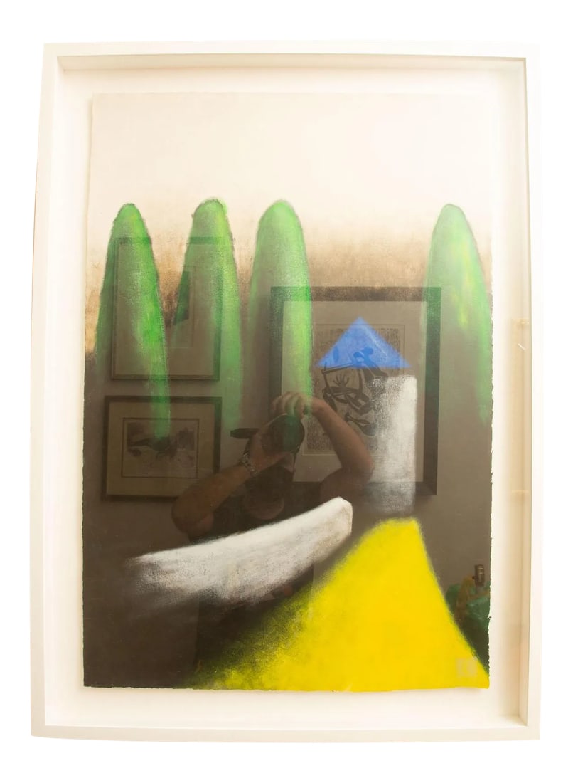 Vintage Larry Laslo Mixed Media Abstract Landscape Green, Yellow, Gray, Blue Painting on Paper Custo: This fabulous vintage vibrant abstract landscape painting is by the noted designer: Larry Lazlo. It is signed on the bottom. Signed in a box LL and a signature underneath. It is a mixed media piece of