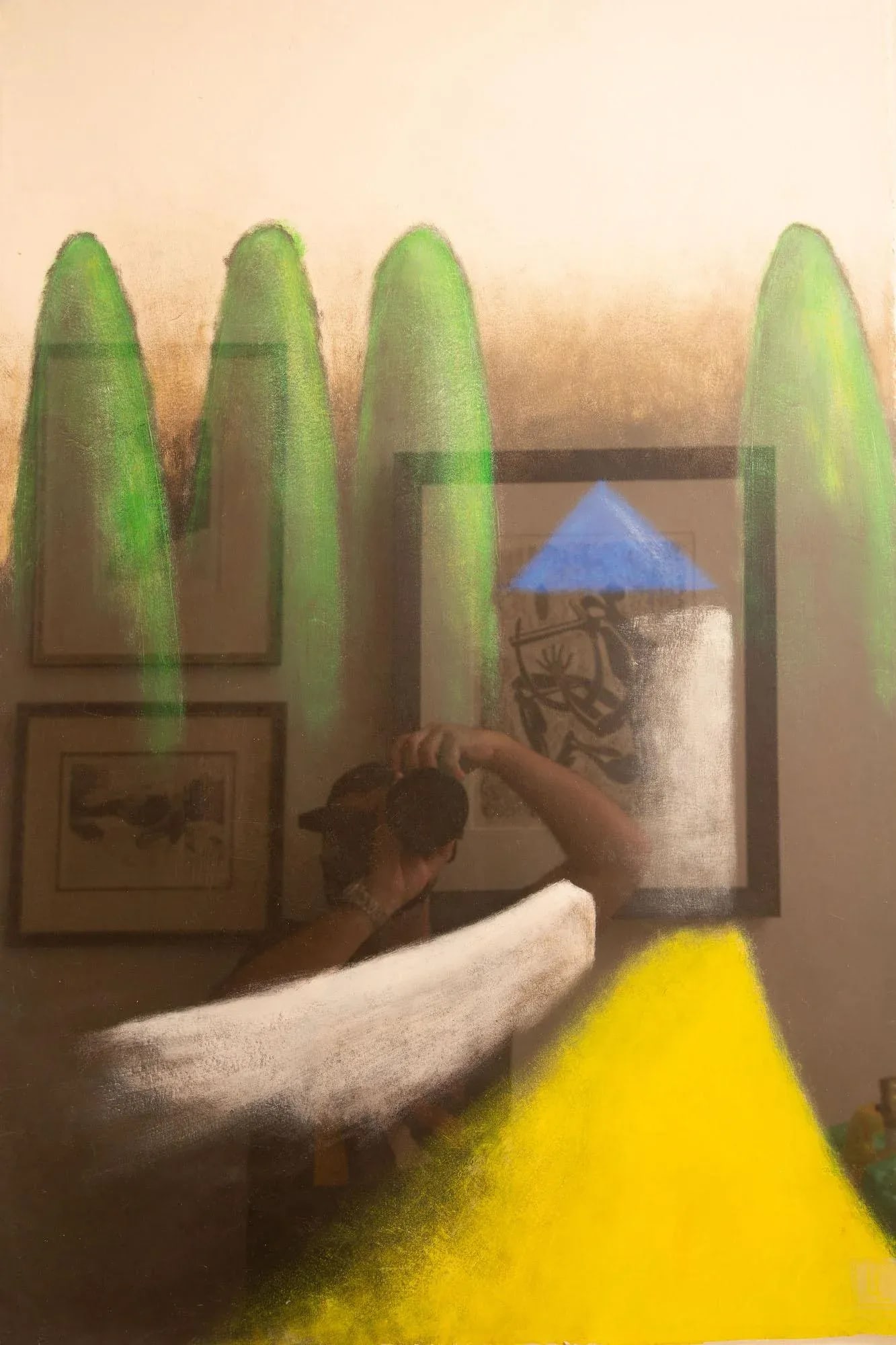 Vintage Larry Laslo Mixed Media Abstract Landscape Green, Yellow, Gray, Blue Painting on Paper Custo - 4