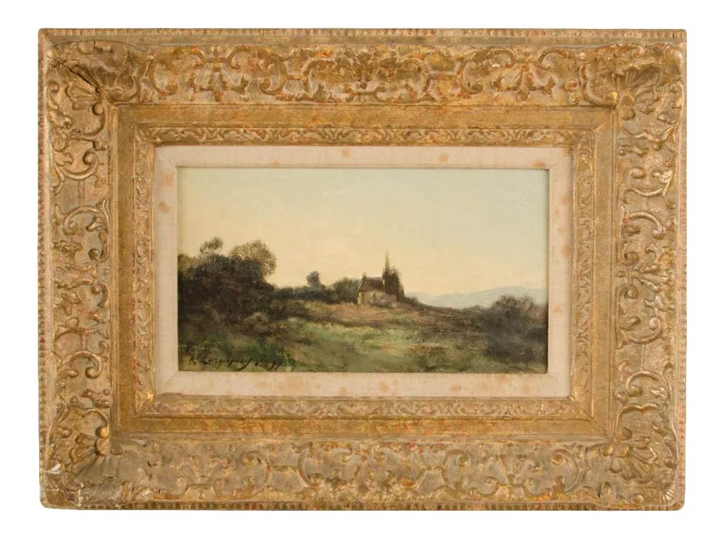 Henri-Joseph Harpignies (French 1819-1916) "Lonely Church" Oil on Canvas Signed and Dated '11: Lonely Church, landscape with church on hill in distance of a field. - Oil on Canvas , signed and dated '11 - Framed dimensions: 18.25 in x 13.75 in; Image dimension: 11 in x 6 in Place of Origin: Eur