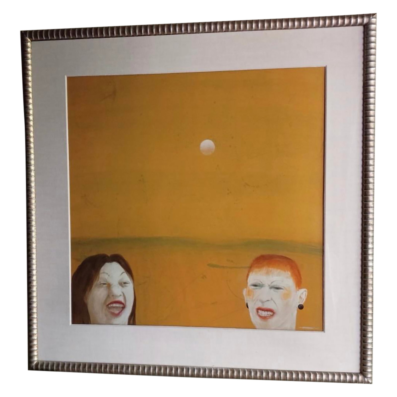 Expressionist Painting of Two Women by Robert R. Bradshaw, Signed, (38" X 38"): Well known California artist Robert R. Bradshaw (American, 1930-2021) painted this 38" X 38" abstract expressionist painting on artists paper with acrylic paint, ink, Prismacolor and pencil, then
