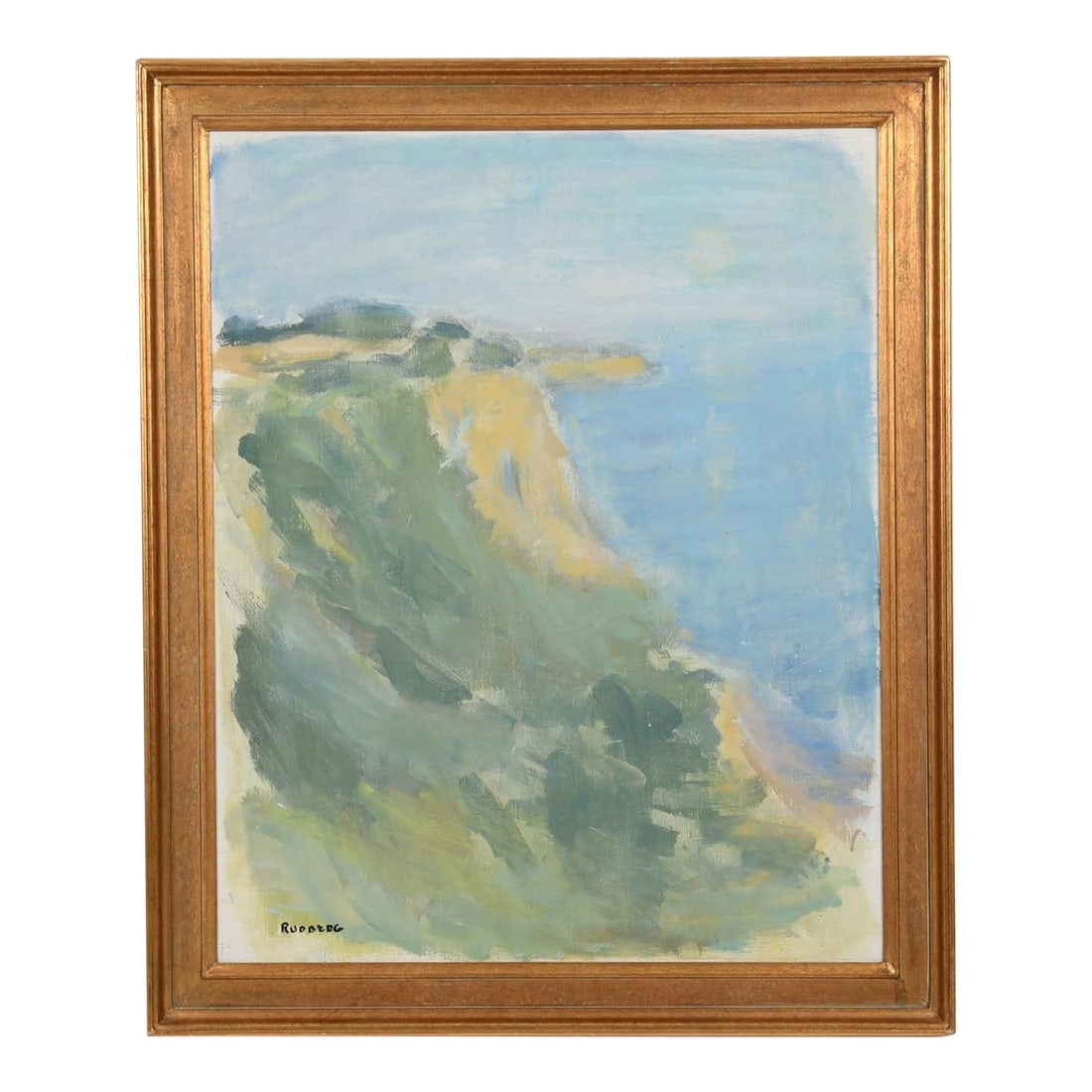 Signed Coastal Landscape by Prominent Swedish Artist, Gustav Rudberg: Gustav Rudberg (1915-2001, Swedish) Coastal Landscape Oil on canvas. Known for his luminous Scandinavian seascapes and simplified planes of color, Rudberg captured the shifting light and atmosphere of