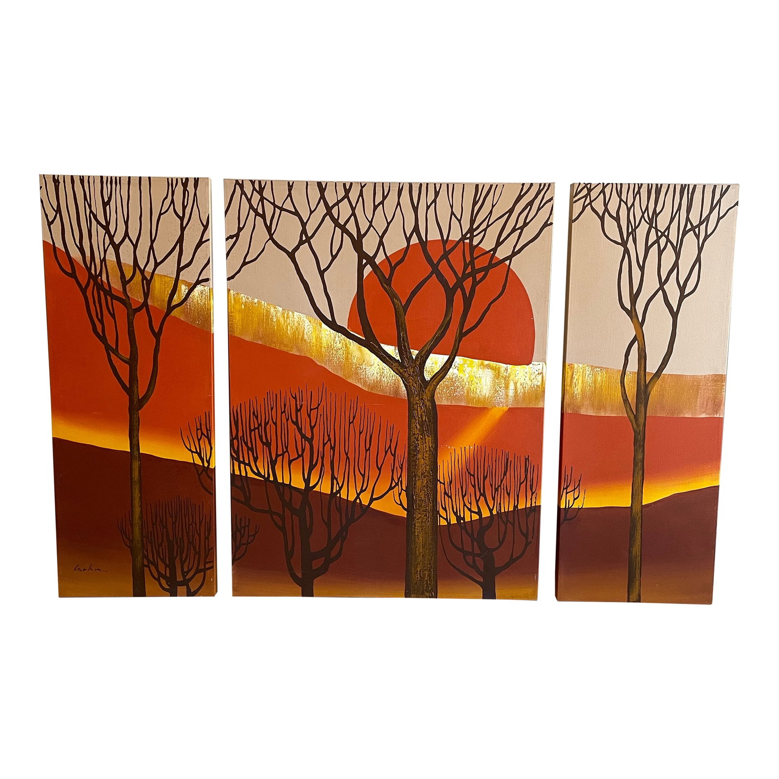 Vintage 1970s Letterman Style Hand-Painted Sunset Triptych - Original Studio Artwork, Signed: A dramatic and beautifully hand-painted 1970s Letterman style triptych featuring a vivid sunset landscape rendered in warm gradients of orange, ochre, and espresso. Each panel flows into the next