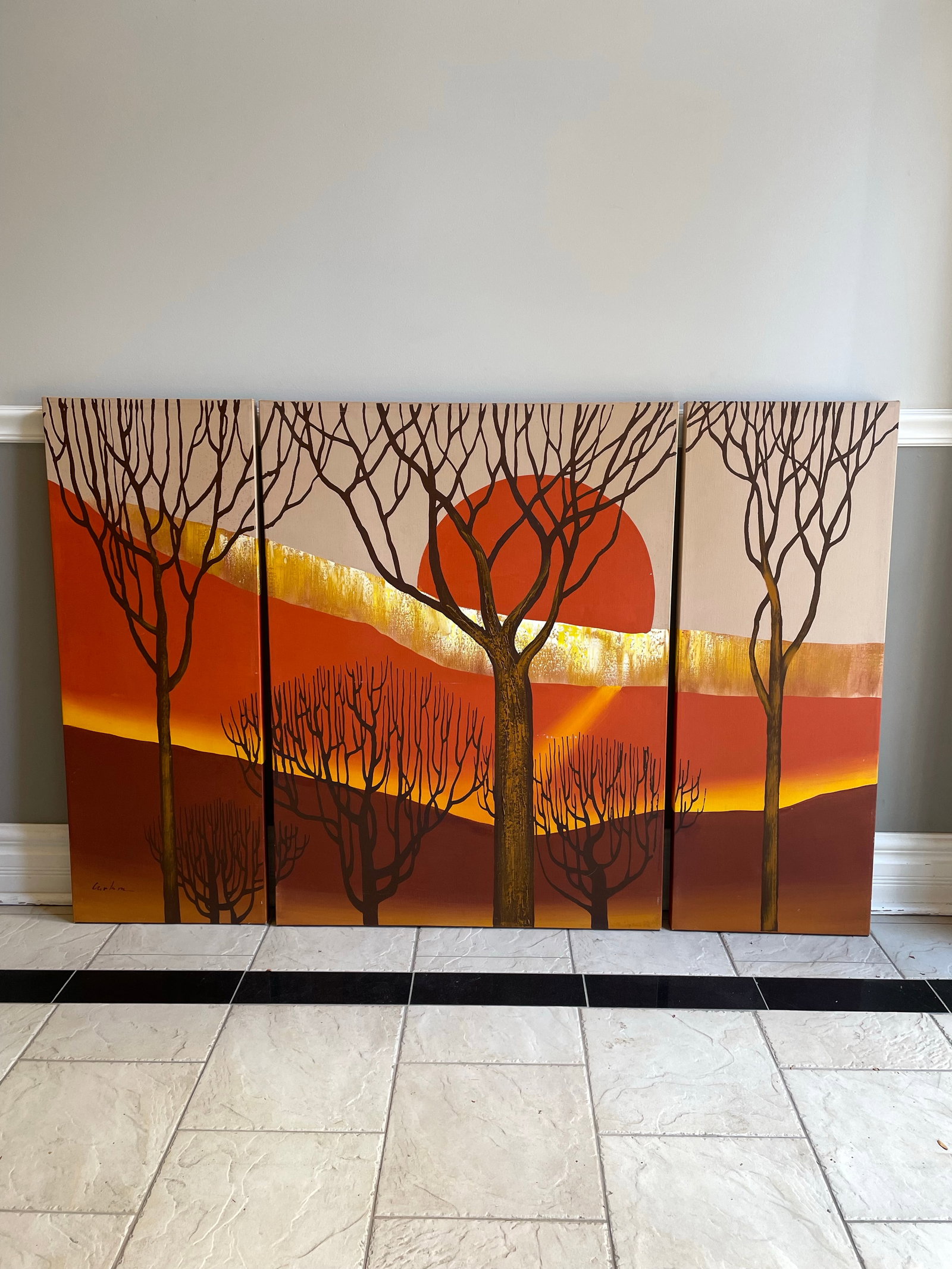 Vintage 1970s Letterman Style Hand-Painted Sunset Triptych - Original Studio Artwork, Signed - 2
