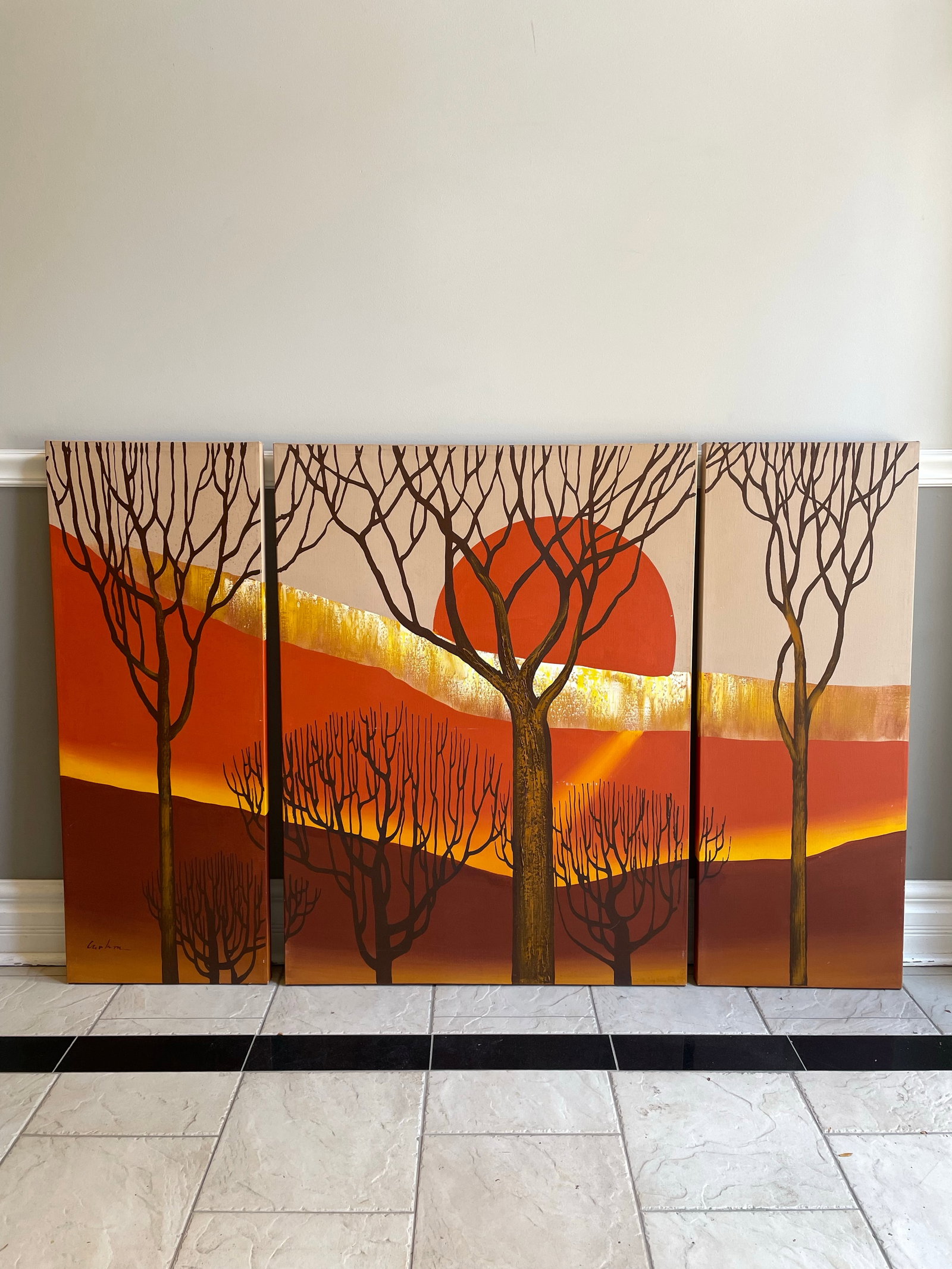 Vintage 1970s Letterman Style Hand-Painted Sunset Triptych - Original Studio Artwork, Signed - 3