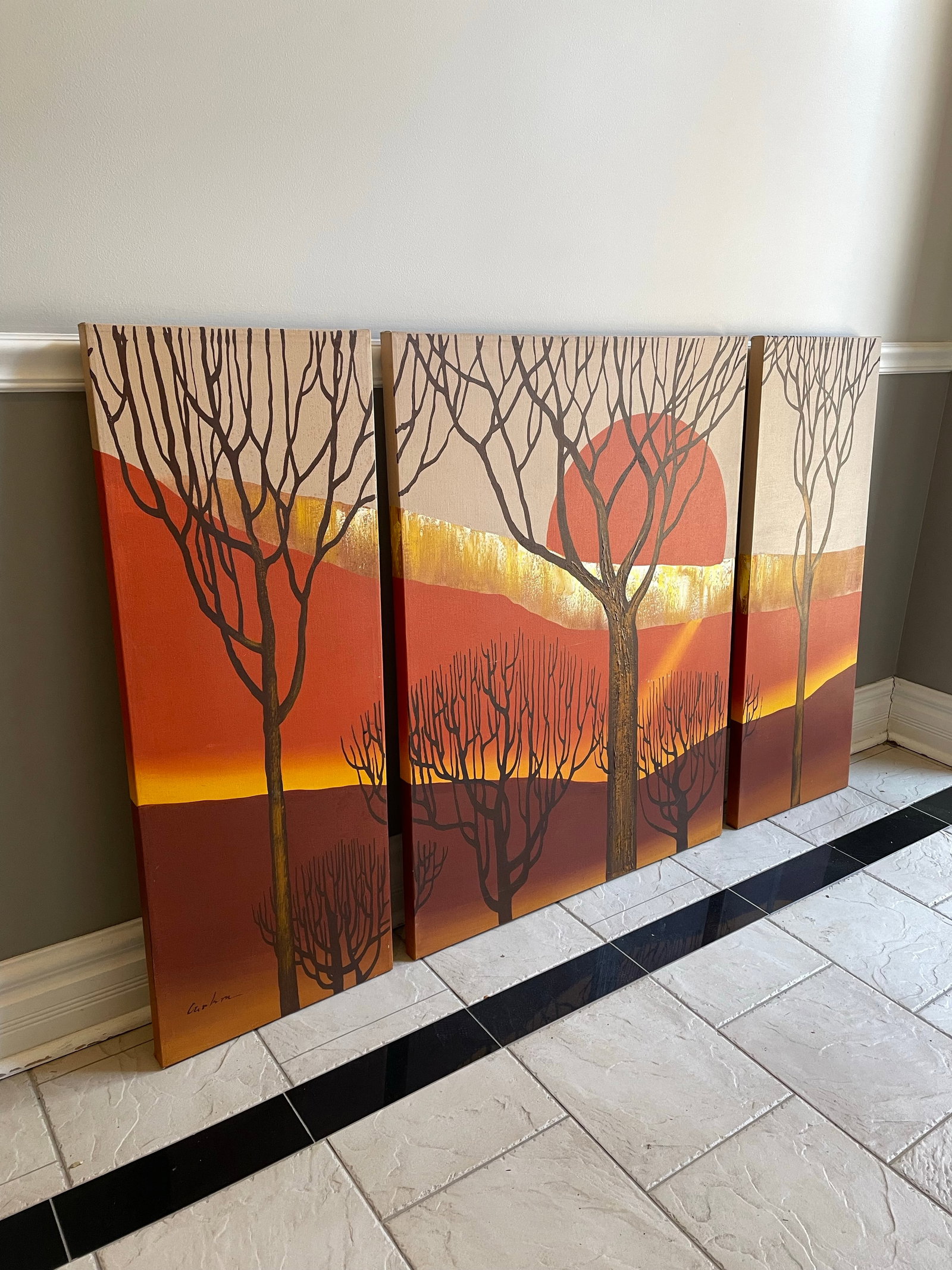 Vintage 1970s Letterman Style Hand-Painted Sunset Triptych - Original Studio Artwork, Signed - 4