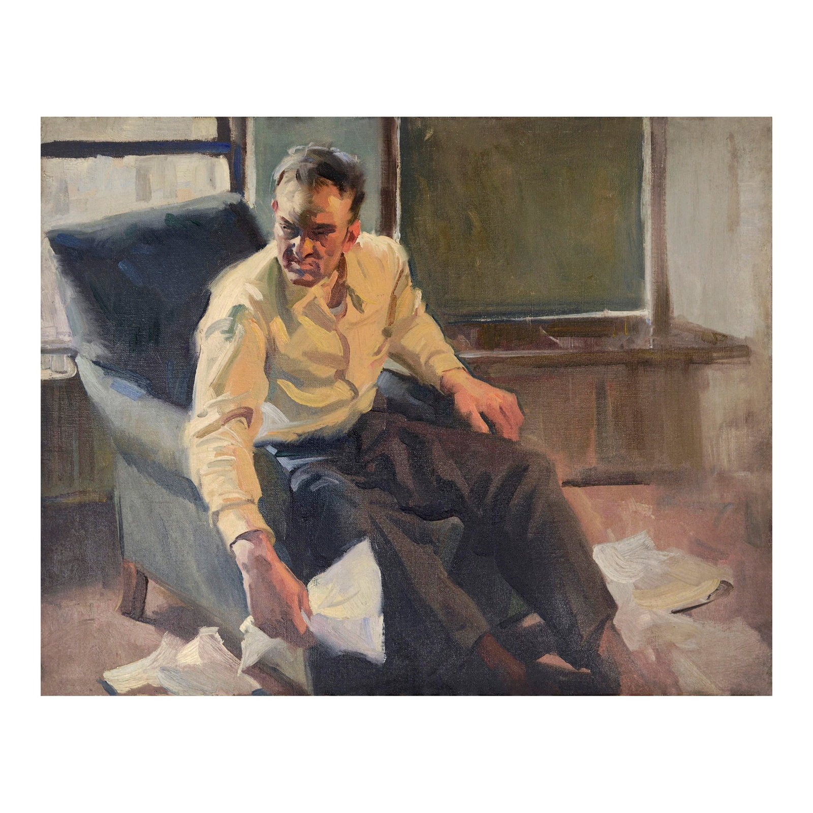 Portrait of a Man in Armchair, Mid Century Short Story Illustration by Charles Kinghan: Excellent figurative oil painting of a man seated in an armchair with papers strewn about the interior space by Charles Ross Kinghan (American, 1895-1984). A working illustration painting of a writer 