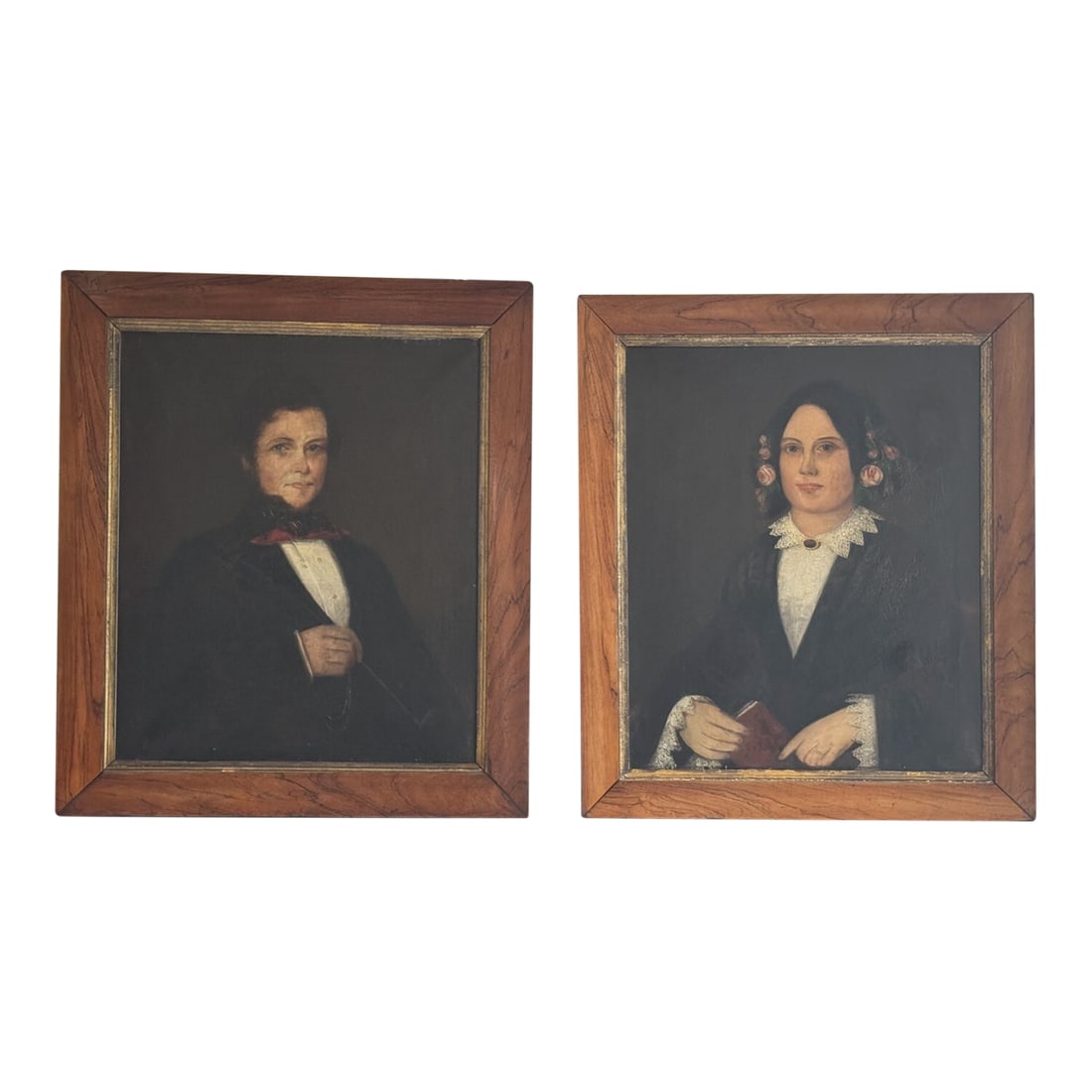 Antique 1853 Victorian Oil Portrait of Lady Mary Rogers and Gentleman or Husband and Wife - Set of 2: Beautiful portrait of a couple from 1853. Came in old thick wood frames. Please see pictures for detailed condition. Condition: Alterations: Original Condition Unaltered Imperfections: Some