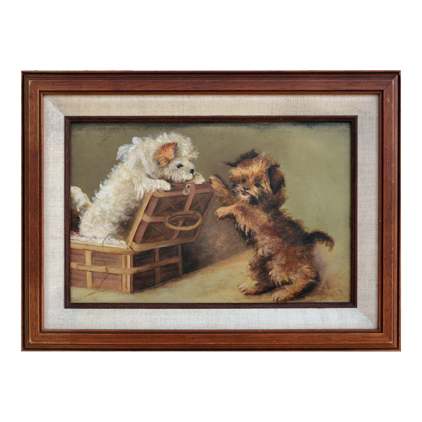 Late 19th Century Cairn Terrier Puppies, Dog Portrait by Katherine L Fitz: Charming 19th-century painting of two Cairn Terrier puppies playing in sewing basket by Katherine L. Fitz (American, 19th Century). Written on verso, "Painter M. Fitz Oakland, Cal. On his second birth
