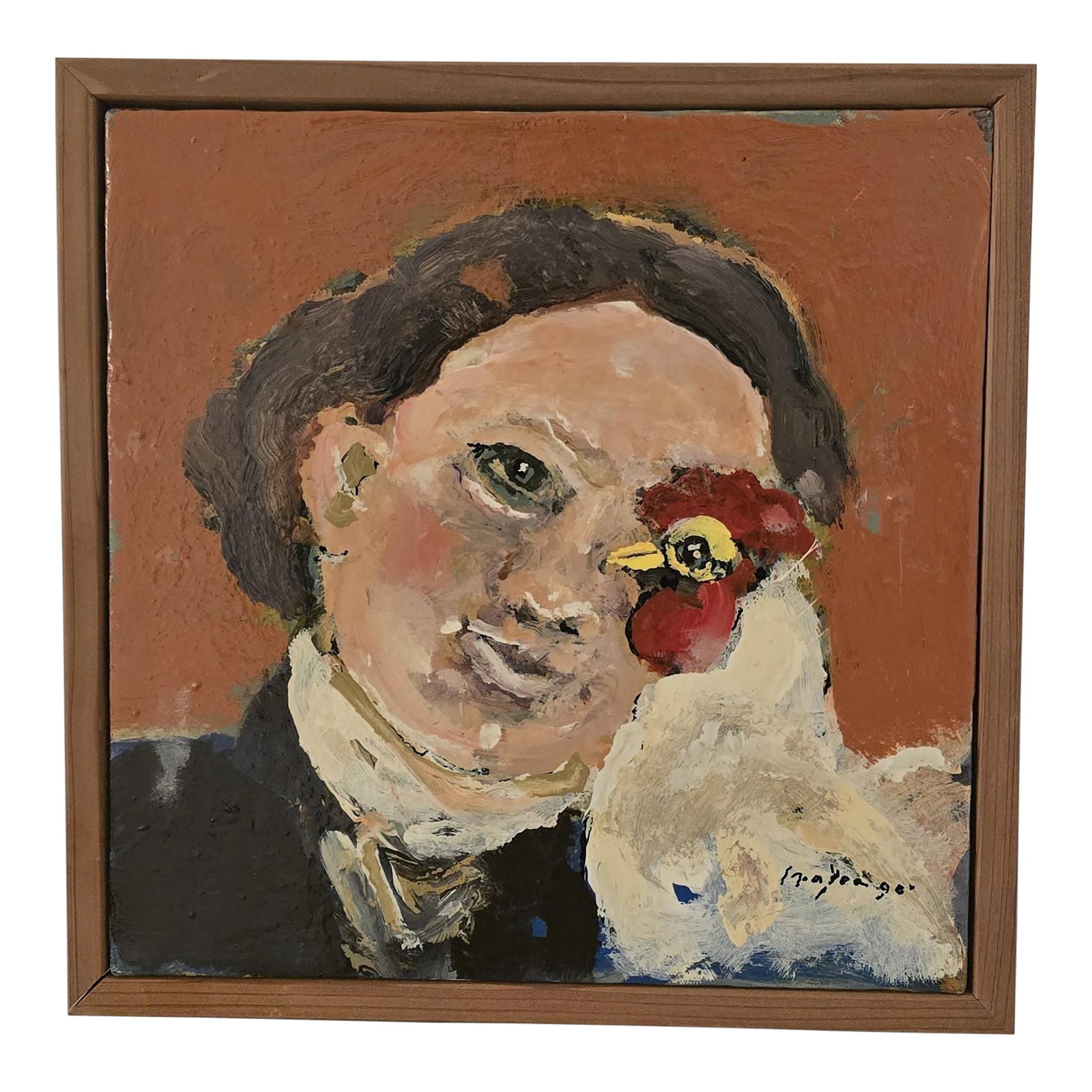 Figurative Portrait With Bird by Ira Yeager, California, C. Late 20th Century: Expressive figurative painting by noted California artist and furniture designer Ira Yeager, depicting a stylized portrait with a bird rendered in bold, gestural brushwork. The composition reflects