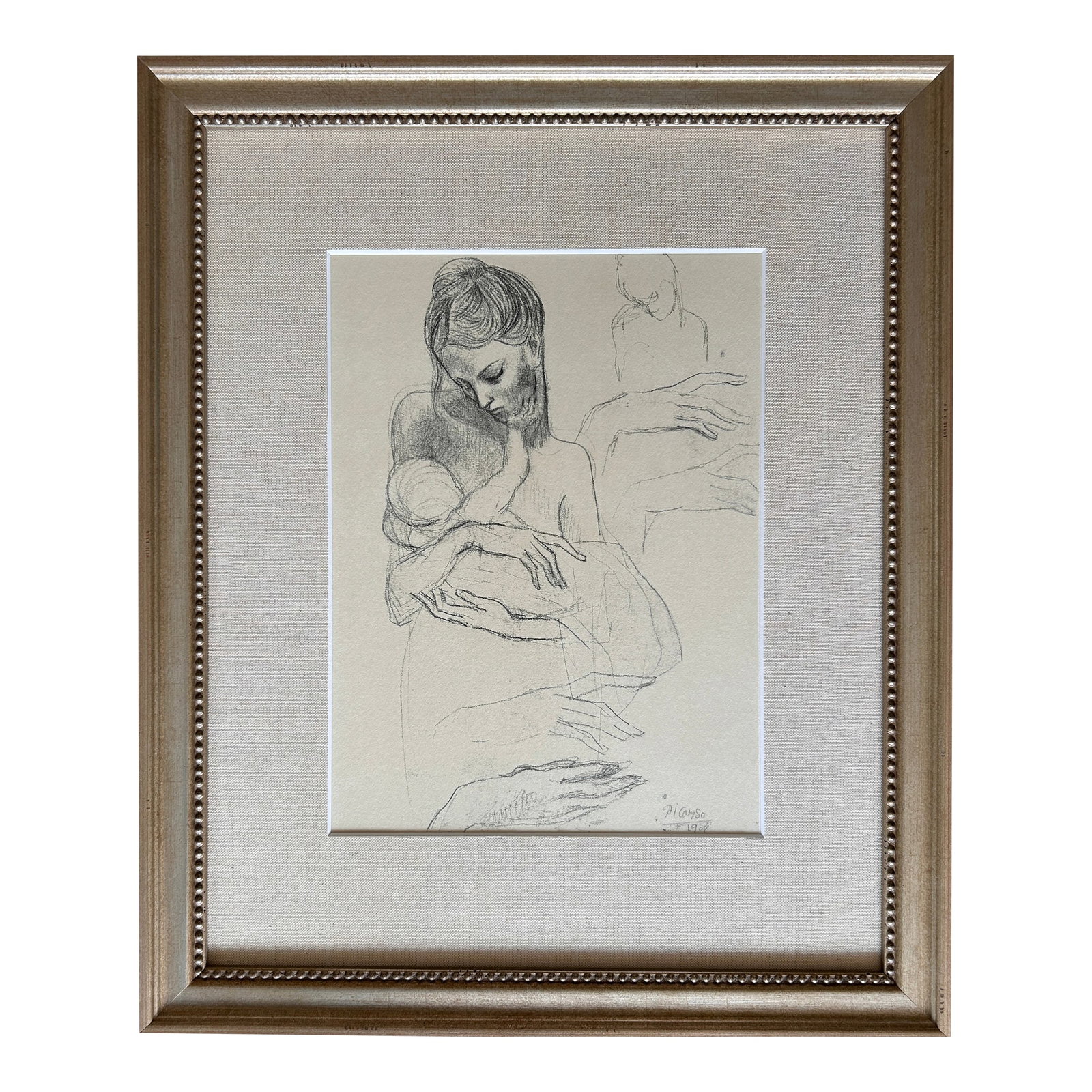 Pablo Picasso Mother With Nursing Child Signed Original Print: This is an extraordinarily RARE Pablo Picasso lithograph, titled "A Mother and Child and Four Studies of Her Right Hand". It is a very refined drawing that Picasso drew in 1904 and the original is