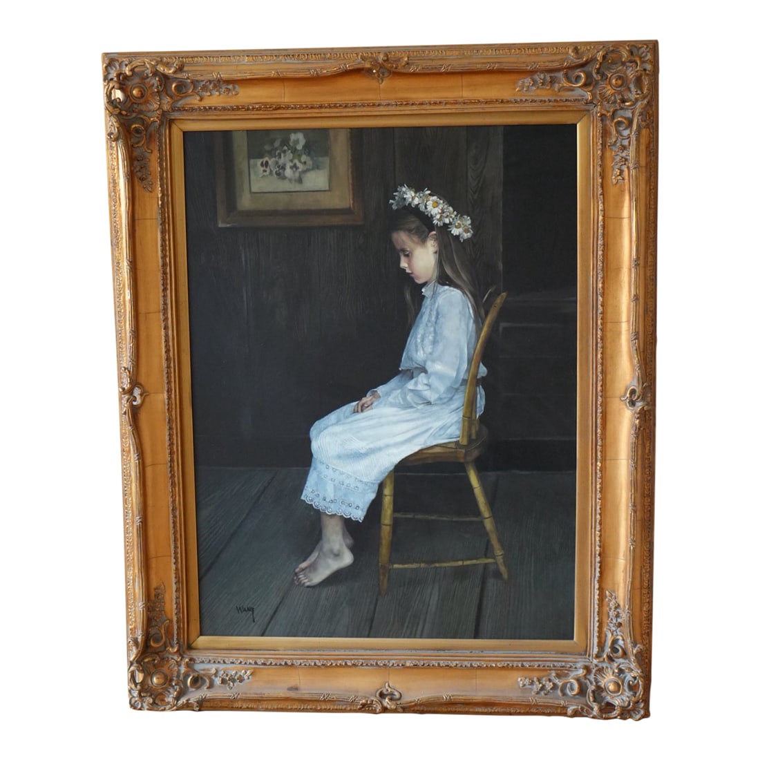 Late 20th Century Original Oil Painting of Girl With Daisy Crown - Signed Wang - Realism Portrait Wi: Large and beautifully rendered original oil on canvas portrait of a young girl seated in profile, wearing a soft blue dress and floral crown. The work is signed "Wang" in the lower right corner and in
