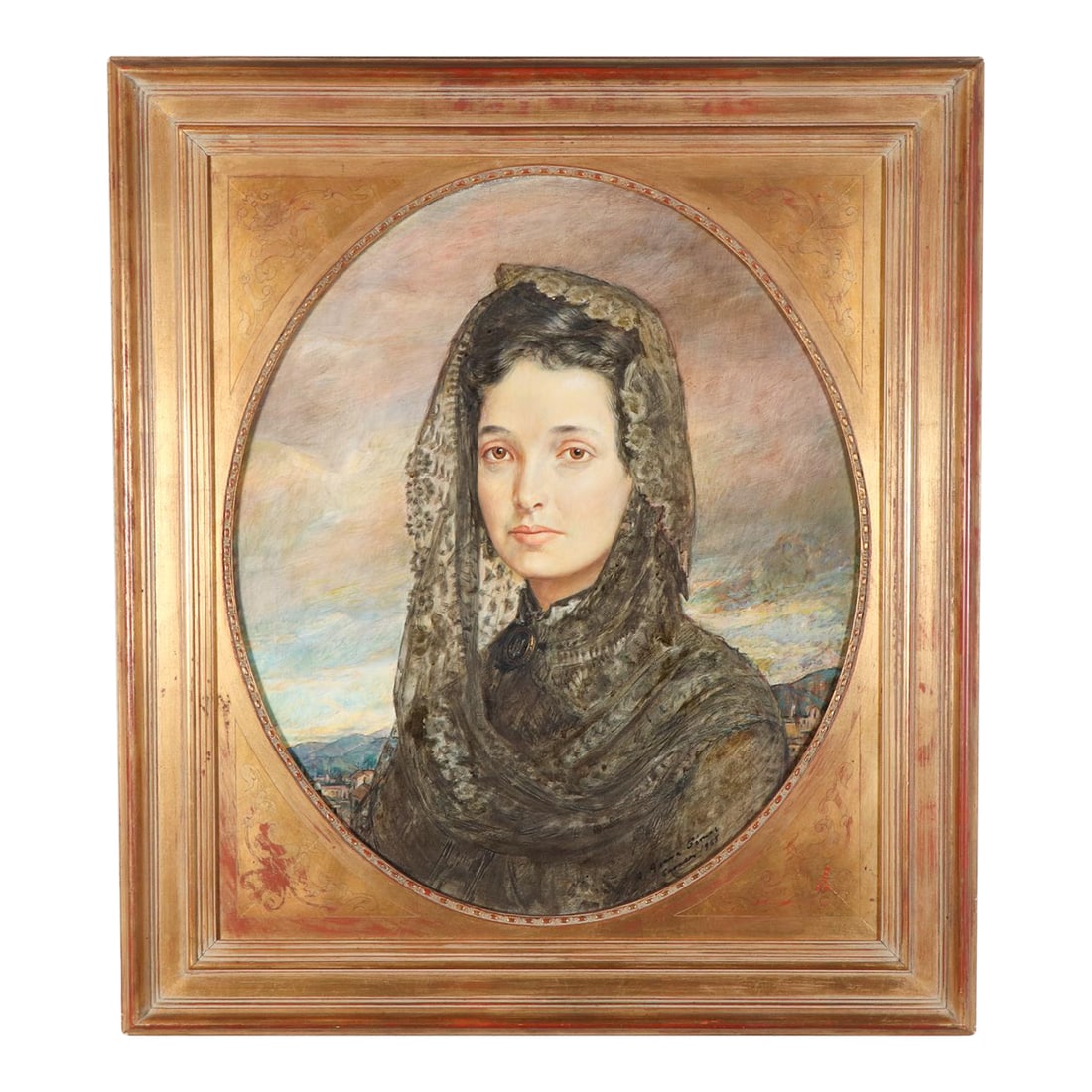 Portrait of a Woman in Black Lace Mantilla, Signed Gamez, Ca. 1965: in gilt wood frame, signed and dated at the lower right, A. ... Gamez Condition: Alterations: Original Condition Unaltered Imperfections: Some Imperfections Condition Notes: with areas retouched;