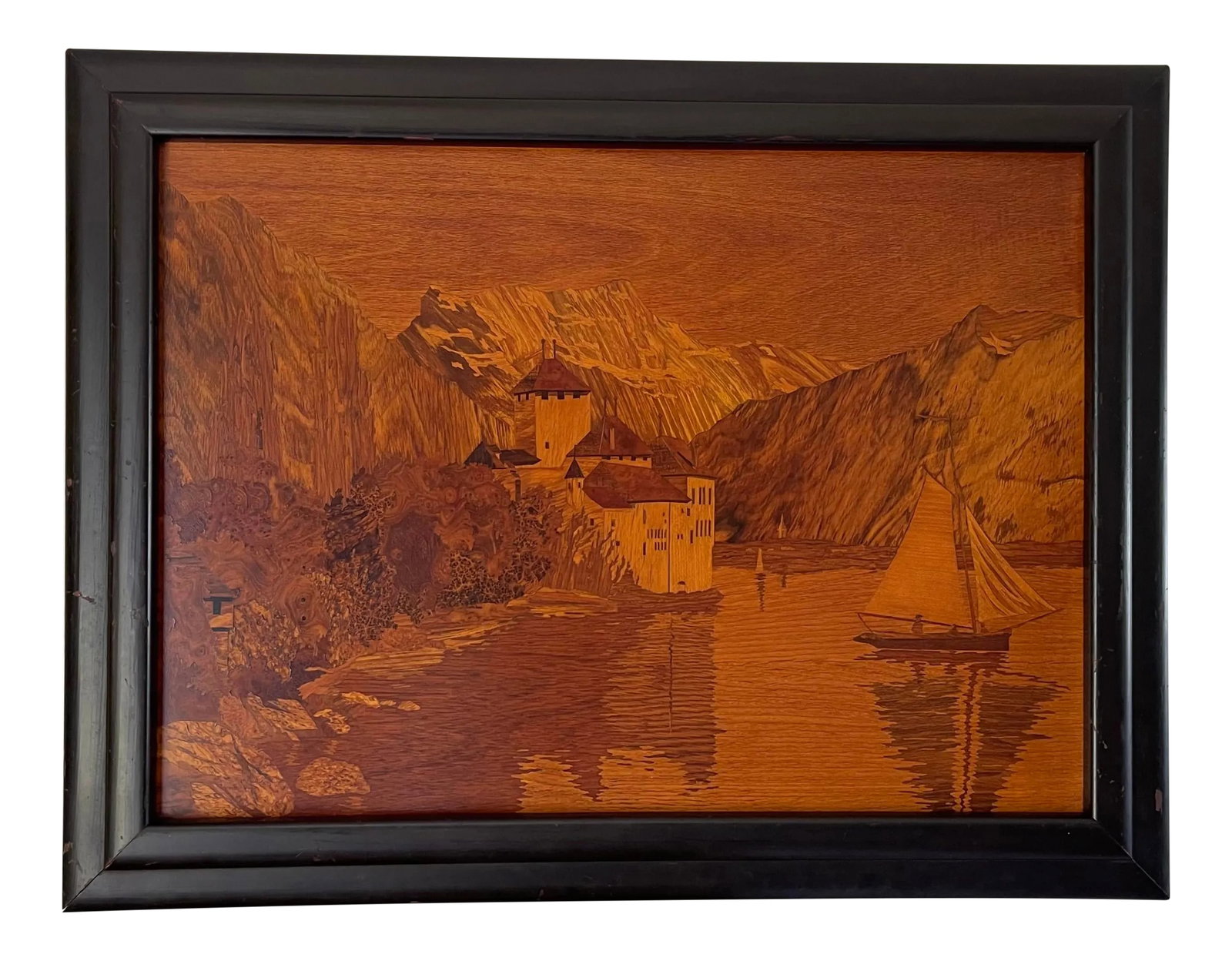 Mid 20th Century Inlaid Marquetry of Chillon Castle in Switzerland, Framed: Stunning and expertly crafted large marquetry picture depicting Chillon Castle (Chateau de Chillon) on Lake Geneva in Switzerland. Writing on the back states it was created using 36 wood species.