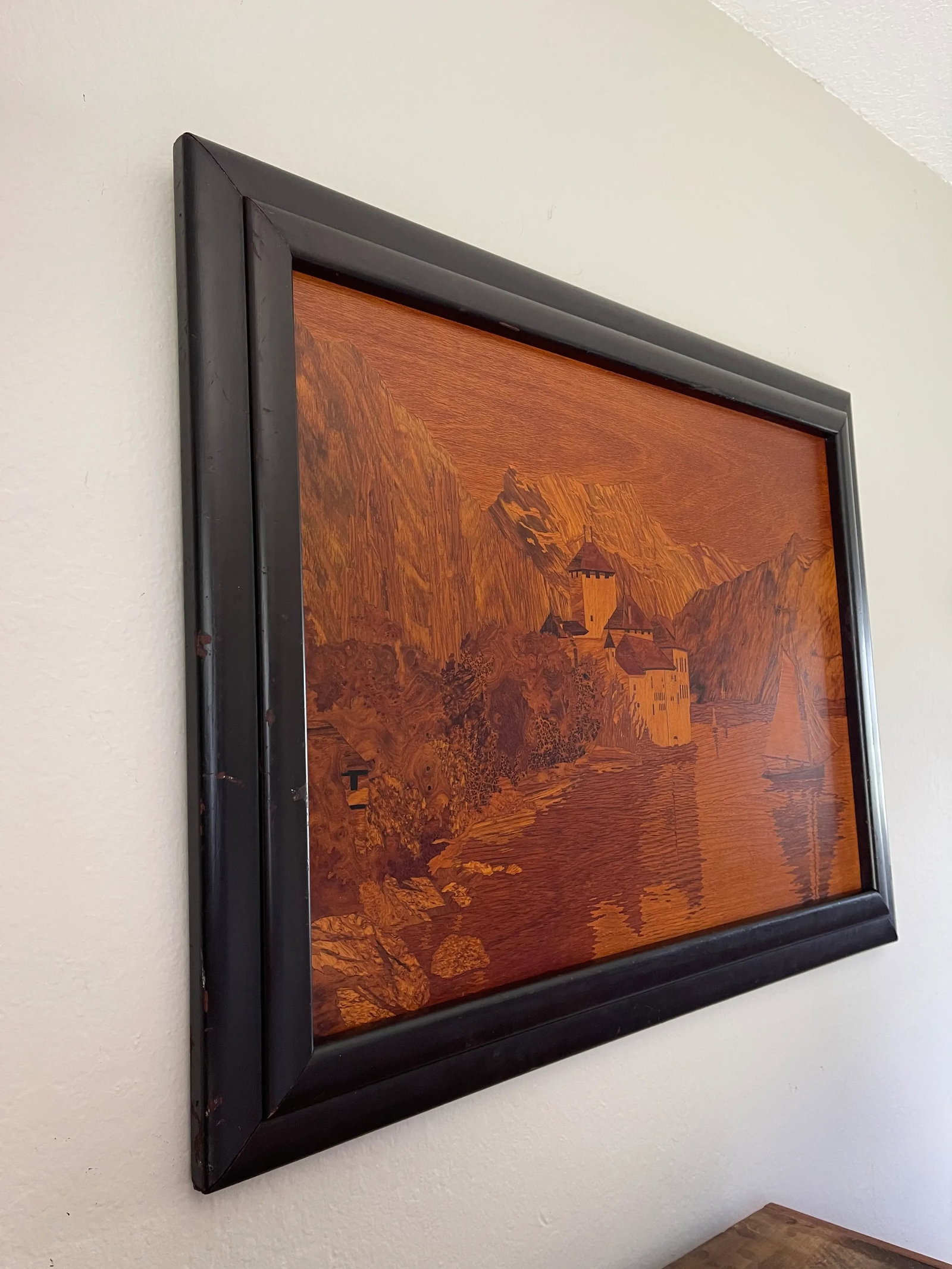 Mid 20th Century Inlaid Marquetry of Chillon Castle in Switzerland, Framed - 2