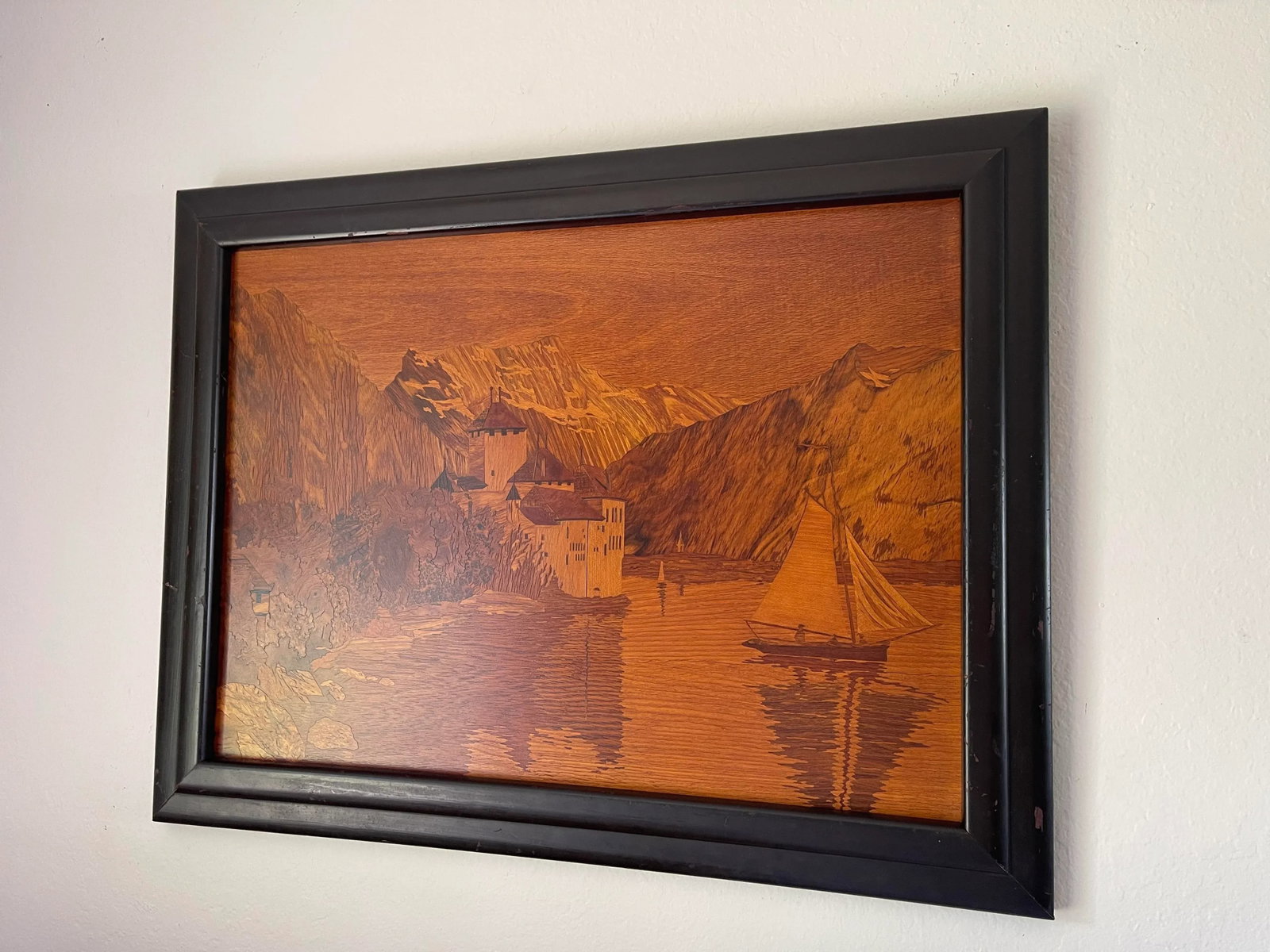 Mid 20th Century Inlaid Marquetry of Chillon Castle in Switzerland, Framed - 3