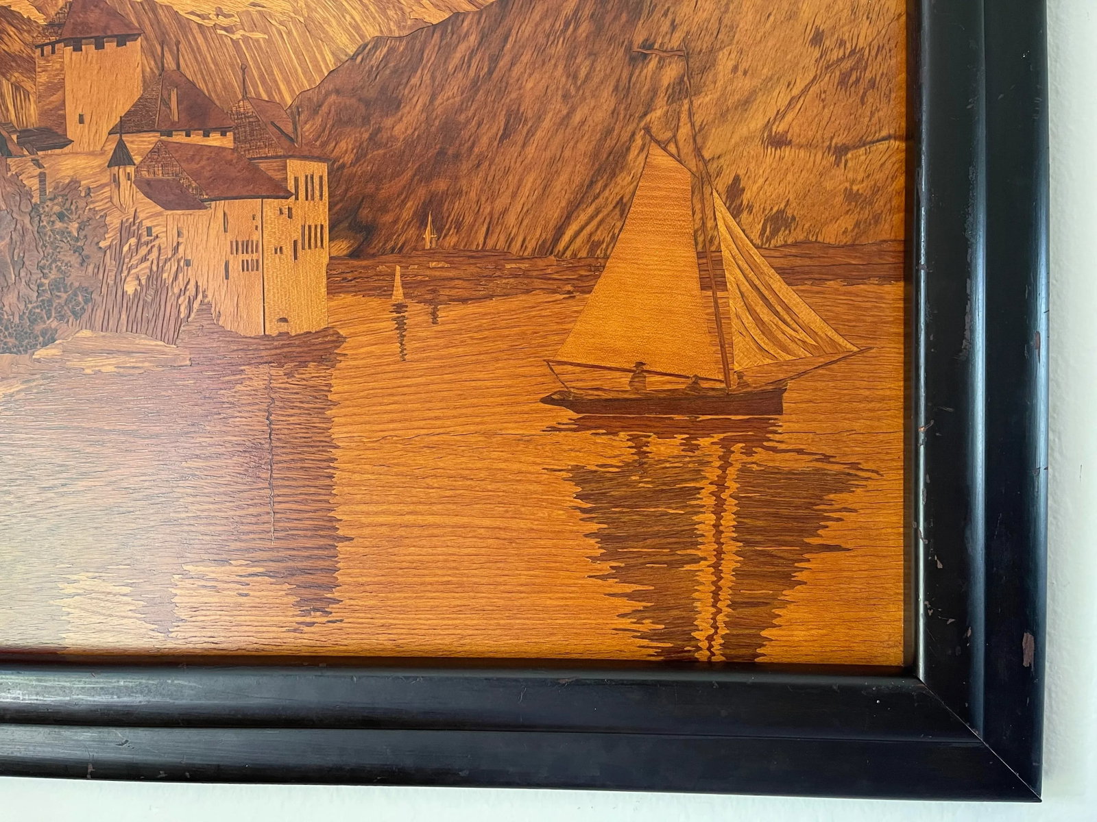 Mid 20th Century Inlaid Marquetry of Chillon Castle in Switzerland, Framed - 5