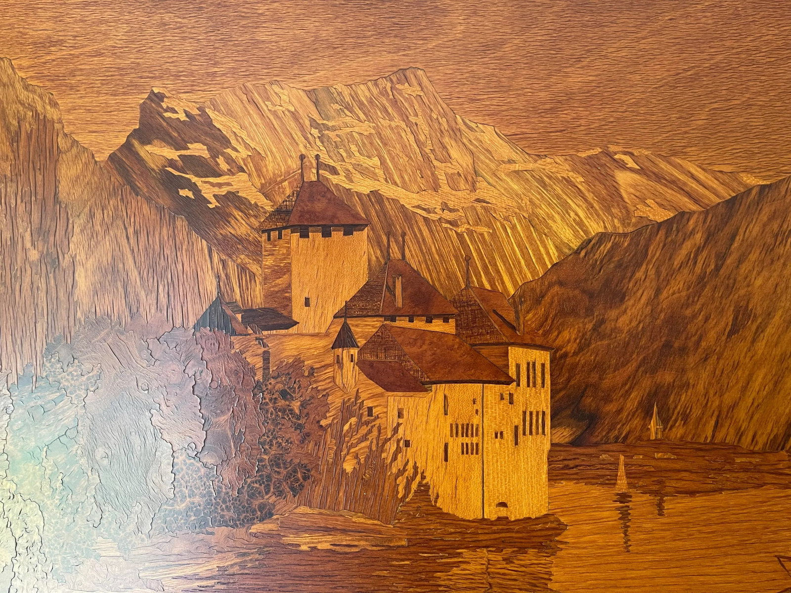 Mid 20th Century Inlaid Marquetry of Chillon Castle in Switzerland, Framed - 6