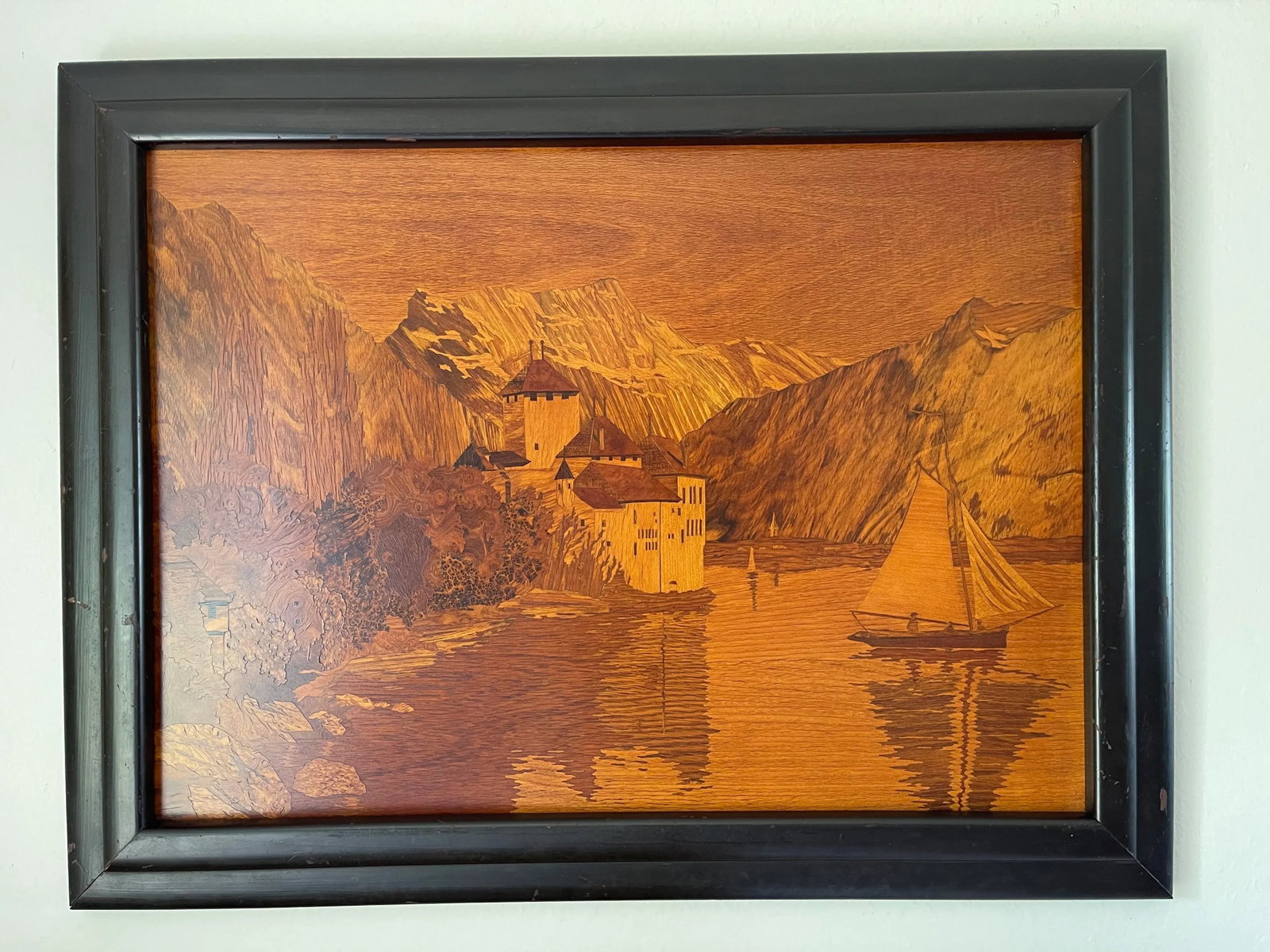 Mid 20th Century Inlaid Marquetry of Chillon Castle in Switzerland, Framed - 7