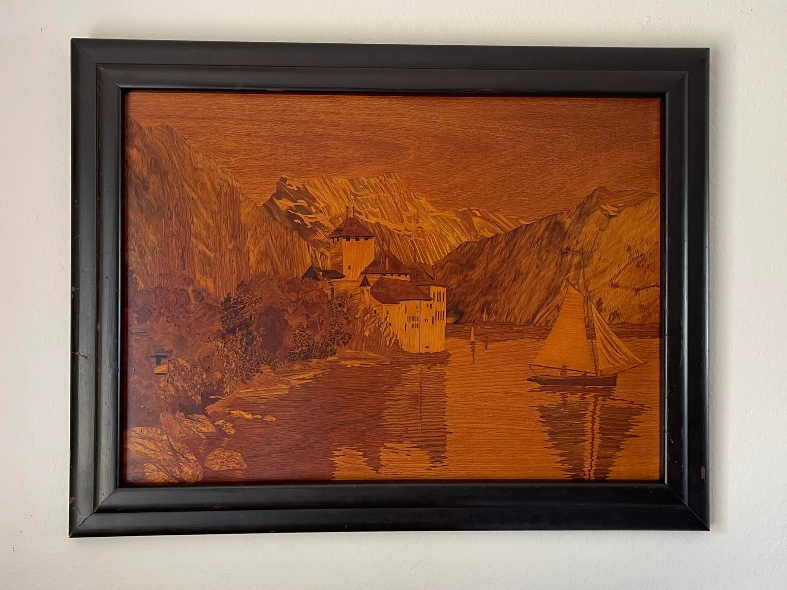 Mid 20th Century Inlaid Marquetry of Chillon Castle in Switzerland, Framed - 8