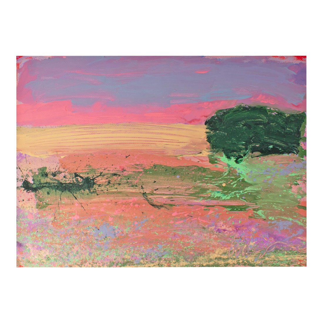 1980s Abstract Acrylic Landscape Painting by Harry Hilson: A 1980s abstract acrylic painting by American artist Harry Hilson (1935-2004). This vibrant work depicts a vivid landscape in purple, pink, green, and blue with a copse of trees depicted off to the
