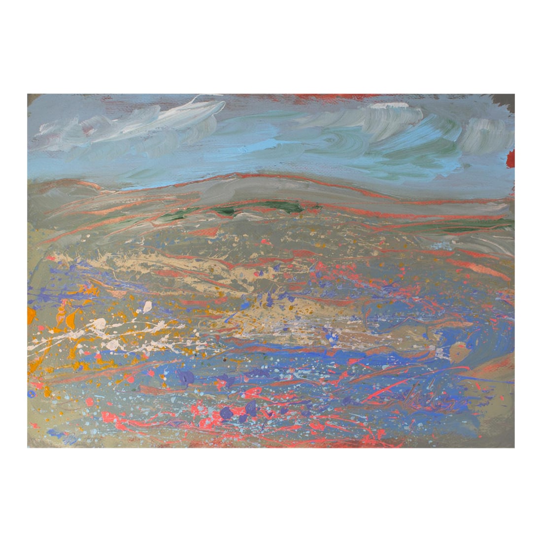 1980s "Blue Range" Abstract Acrylic Landscape Painting by Harry Hilson: A 1980s abstract acrylic on paper painting by American artist Harry Hilson (1935-2004). Titled "Blue Range," this dynamic work depicts a distant mountain surrounded by colorful splatter