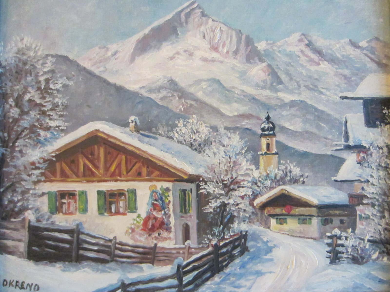 1940s Okreno Winter Scene Ski Lodge Snow Mountain Oil on Board Signed Painting - 11