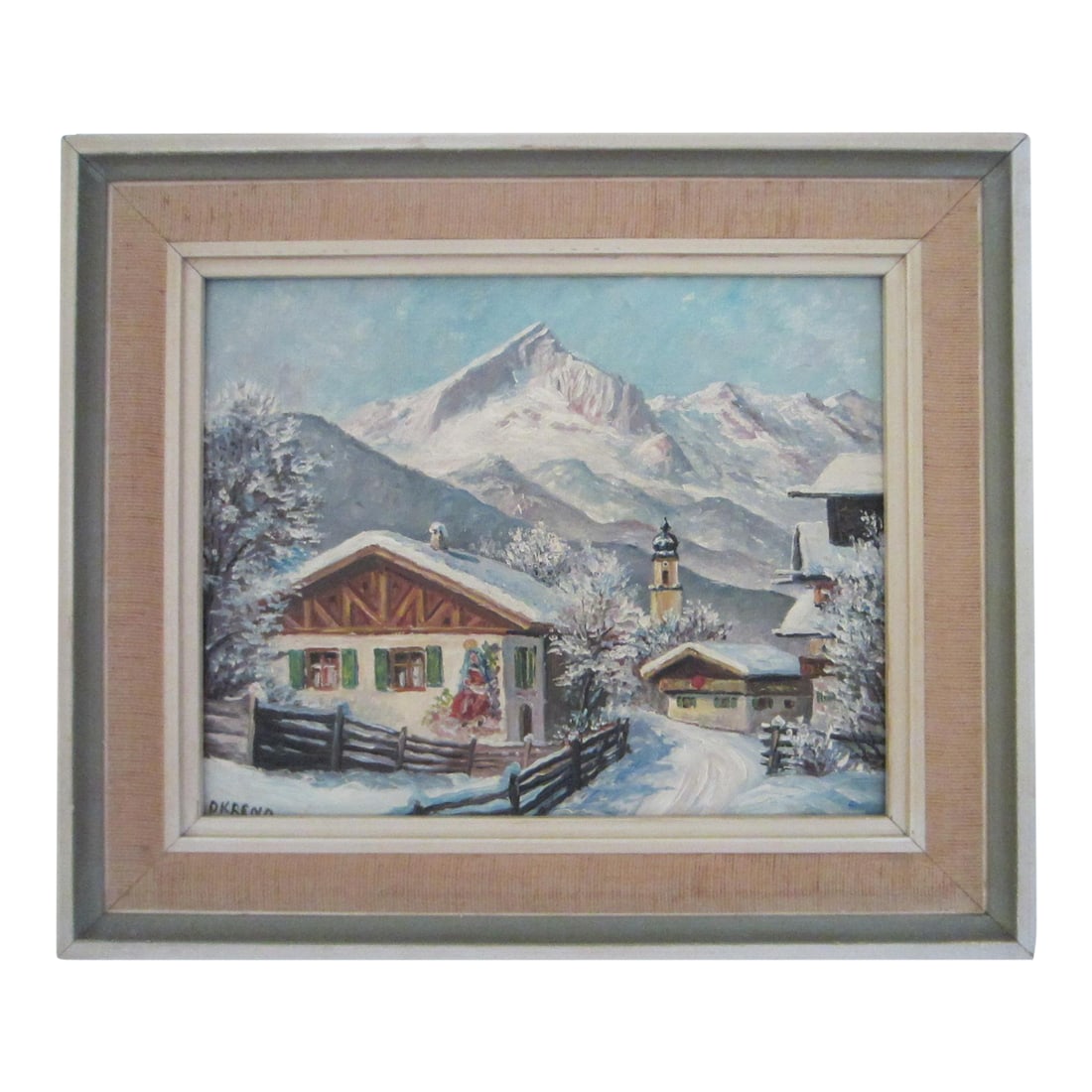 1940s Okreno Winter Scene Ski Lodge Snow Mountain Oil on Board Signed Painting: Okreno, a German artist, believed to be from 1940's the town of Garmisch in Southern Germany. winter scene oil on board has artist's signature on lower left. The imagination of Swiss alps , a city