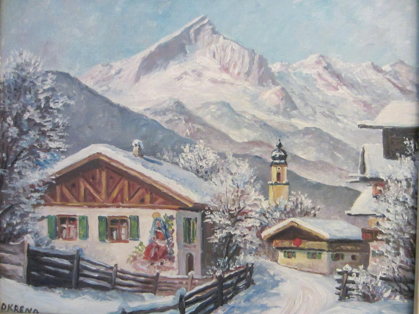 1940s Okreno Winter Scene Ski Lodge Snow Mountain Oil on Board Signed Painting - 2