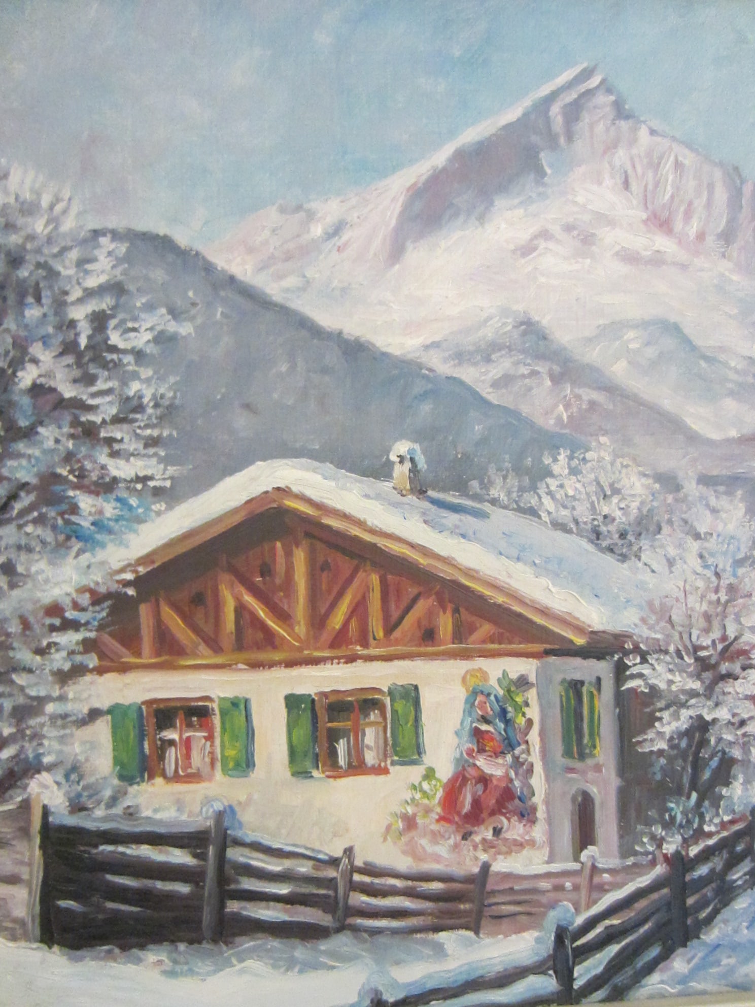 1940s Okreno Winter Scene Ski Lodge Snow Mountain Oil on Board Signed Painting - 3