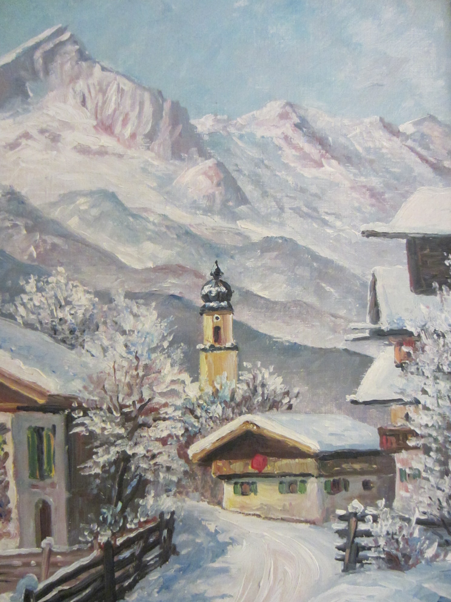 1940s Okreno Winter Scene Ski Lodge Snow Mountain Oil on Board Signed Painting - 4