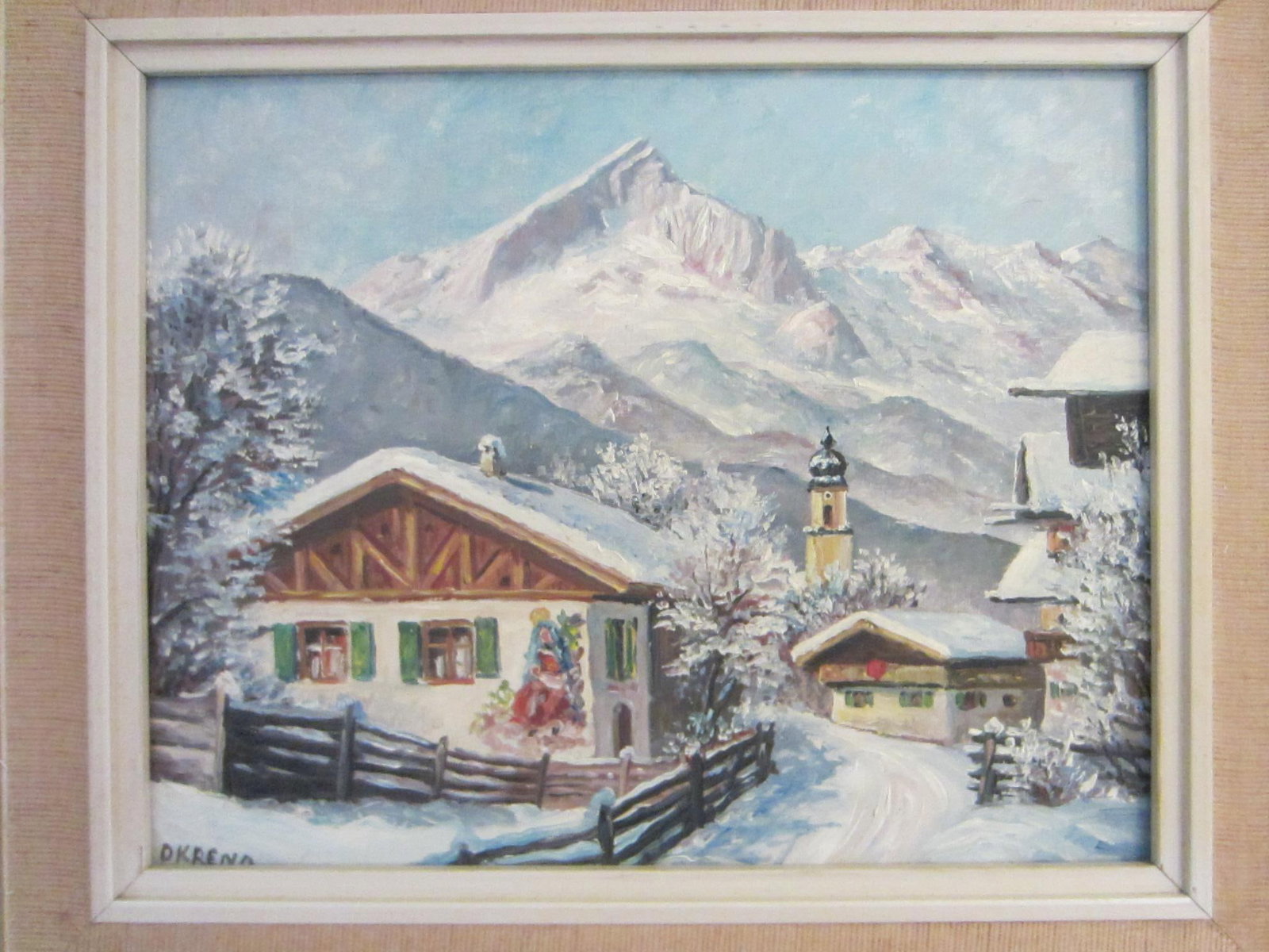 1940s Okreno Winter Scene Ski Lodge Snow Mountain Oil on Board Signed Painting - 5