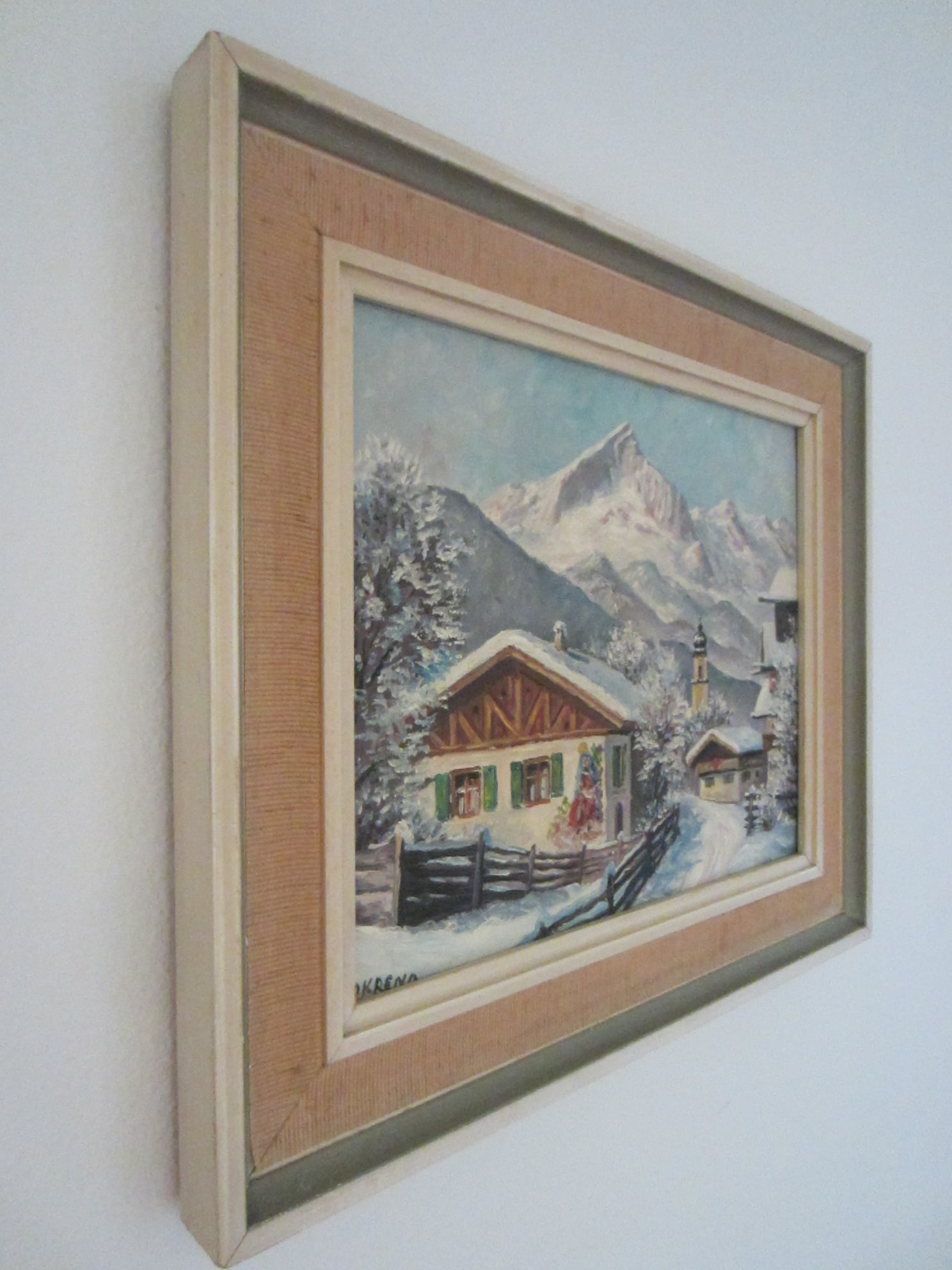 1940s Okreno Winter Scene Ski Lodge Snow Mountain Oil on Board Signed Painting - 6