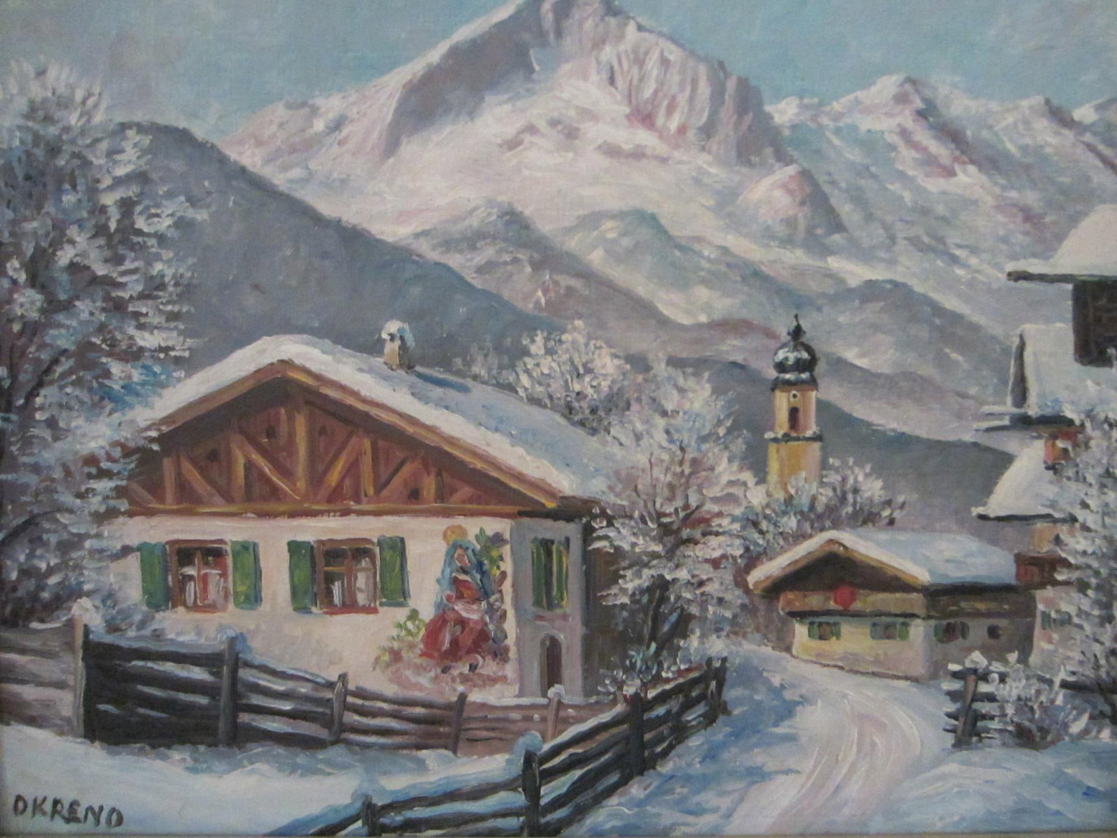 1940s Okreno Winter Scene Ski Lodge Snow Mountain Oil on Board Signed Painting - 9