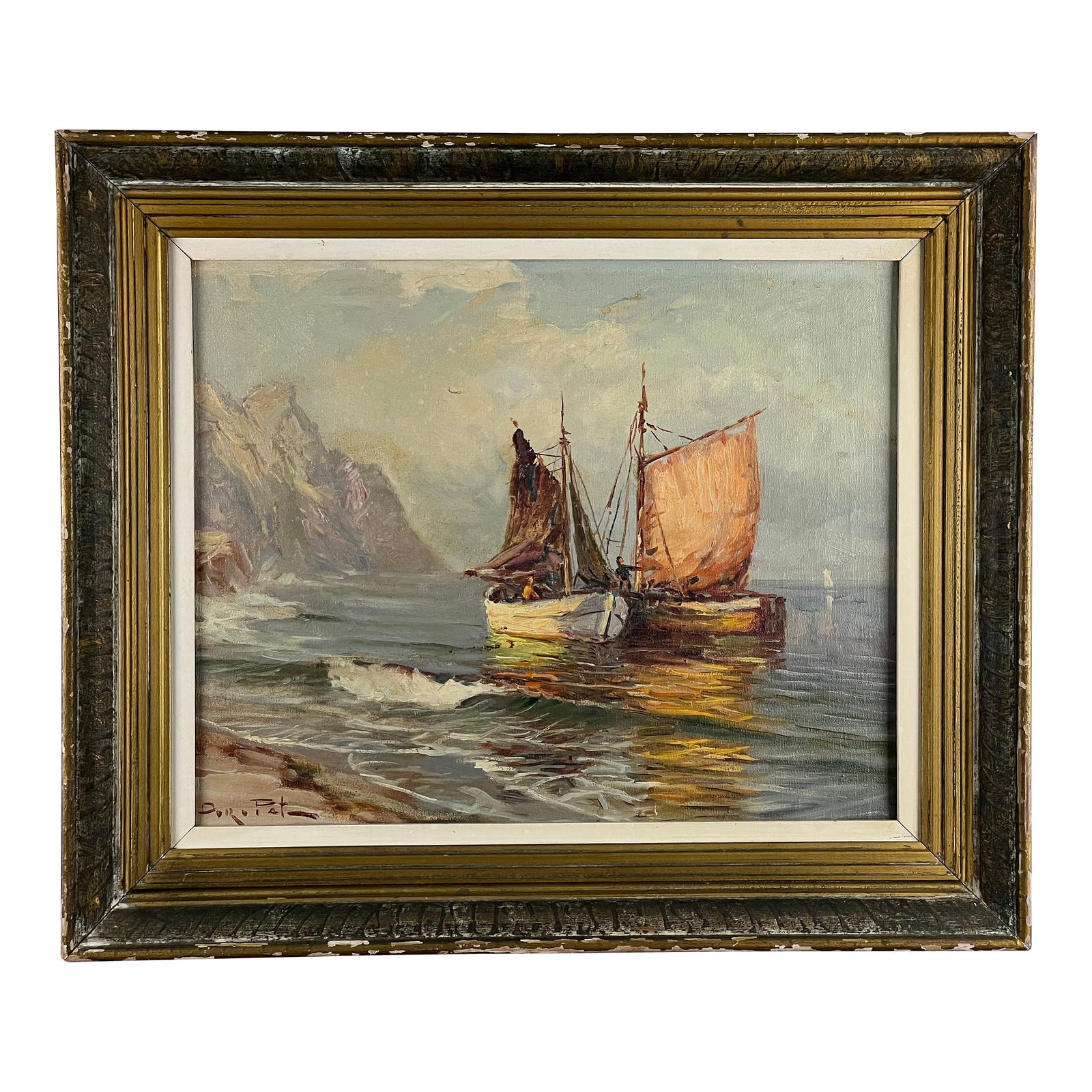 Early 20th Century Painting Oil on Canvas "Two Ships Off the Beach" Signed Lower Left: A beautifully composed oil on canvas seascape depicting two sailing vessels close to shore, signed lower left by the artist. The scene captures the quiet drama of boats returning from open waters bene