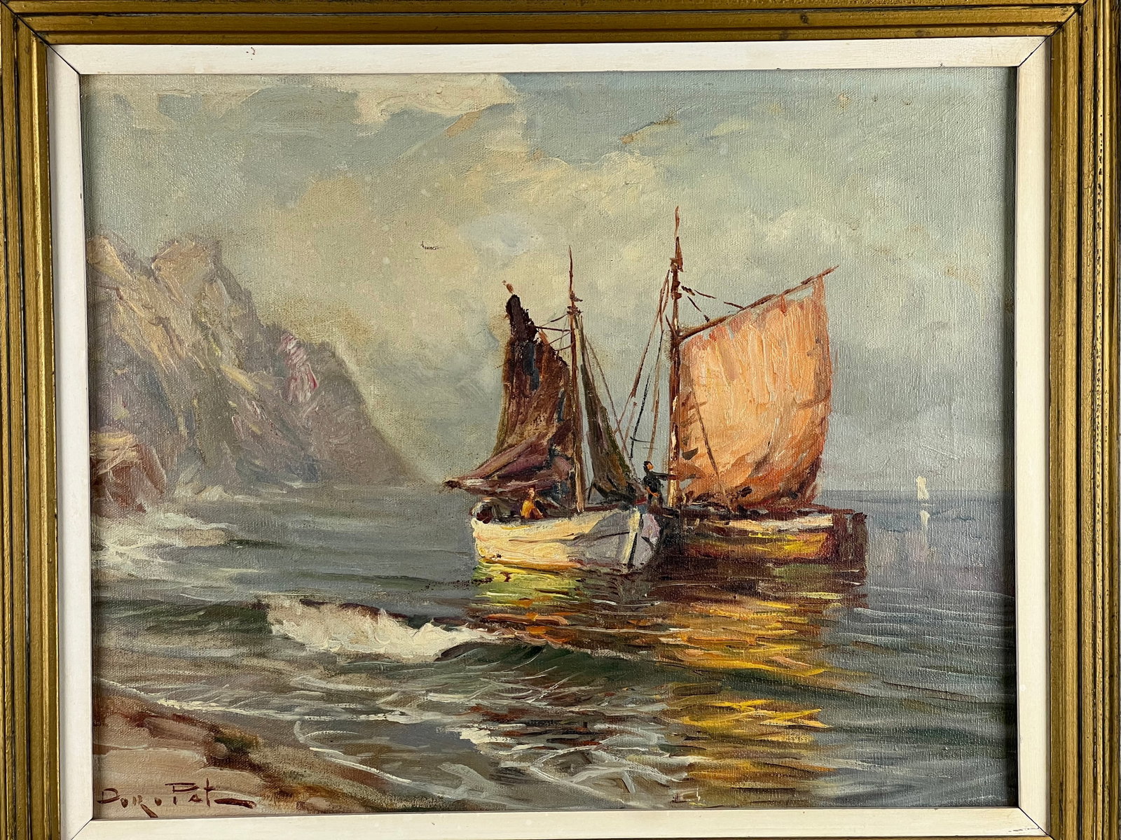 Early 20th Century Painting Oil on Canvas "Two Ships Off the Beach" Signed Lower Left - 2