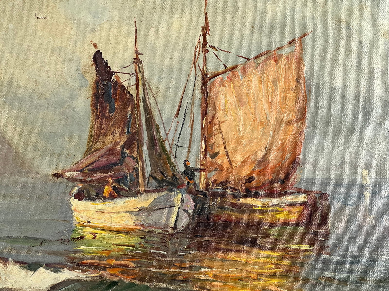 Early 20th Century Painting Oil on Canvas "Two Ships Off the Beach" Signed Lower Left - 4