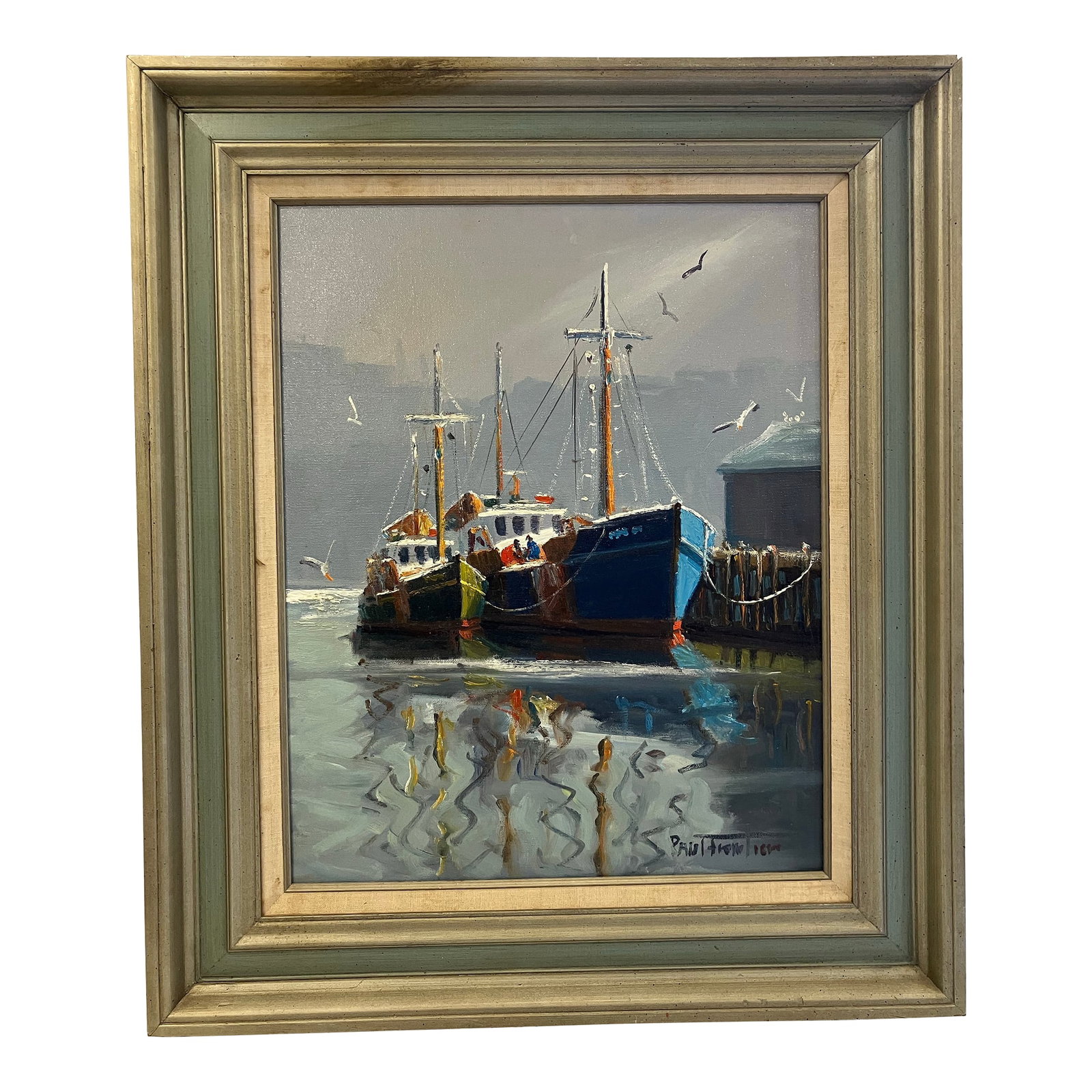 1970s New England Harbor Painting Signed Paul Frontiero: This oil painting on canvas is signed Paul Frontiero(1926-2012) The title is "The Big & Small Draggers" This is a harbor scene in Gloucester, Massachusetts Image is 16 x 20 Framed 23 x 27 Condition: