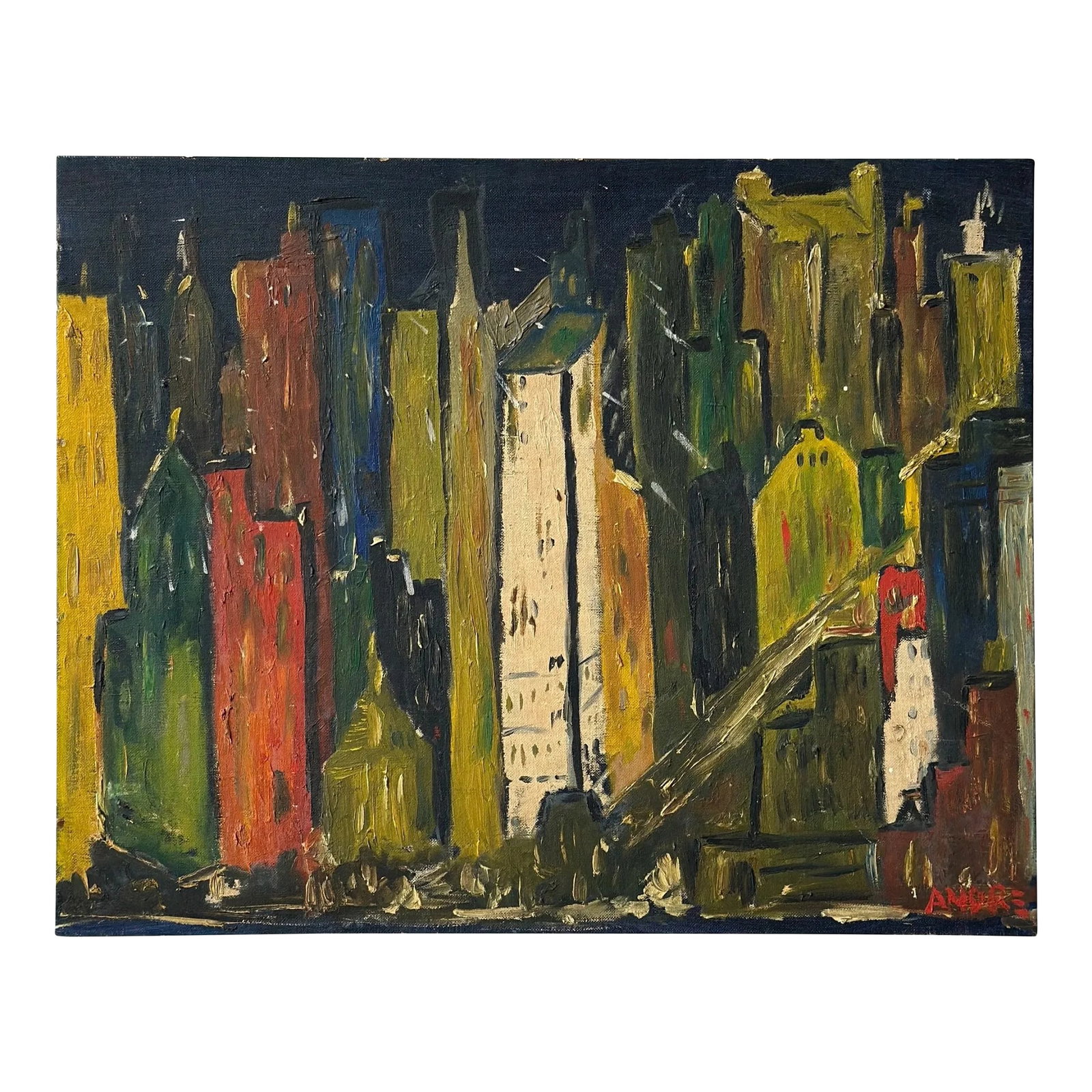 Vintage New York Skyline Acrylic on Board Painting, Signed Andre, Circa 1950s: Vintage New York Skyline Acrylic on Board Painting, Signed Andre, Circa 1950s. Abstract cityscape centered on rows of densely packed skyscrapers. A sense of rapid movement is given to the piece with