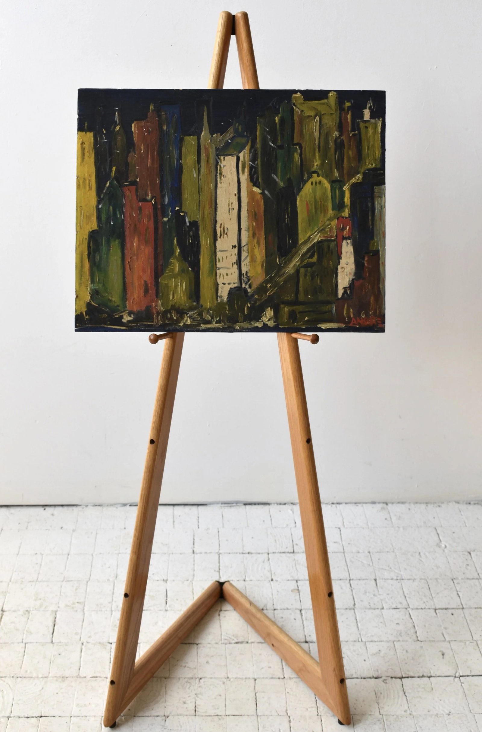 Vintage New York Skyline Acrylic on Board Painting, Signed Andre, Circa 1950s - 3