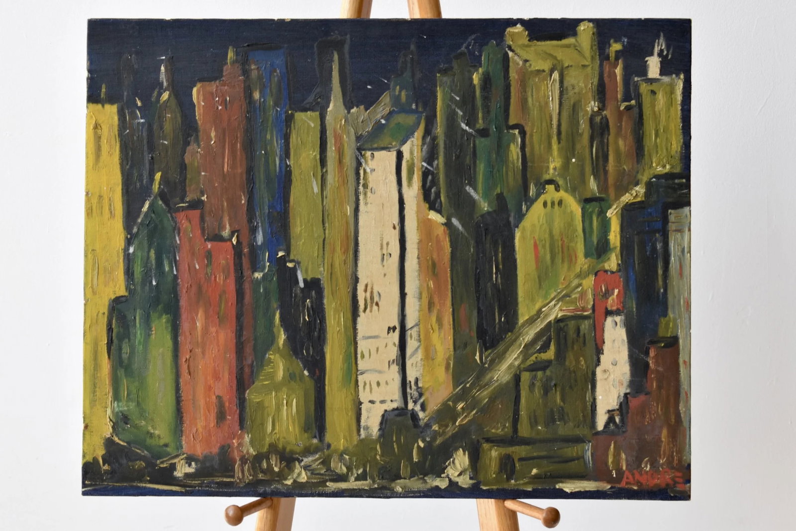 Vintage New York Skyline Acrylic on Board Painting, Signed Andre, Circa 1950s - 4