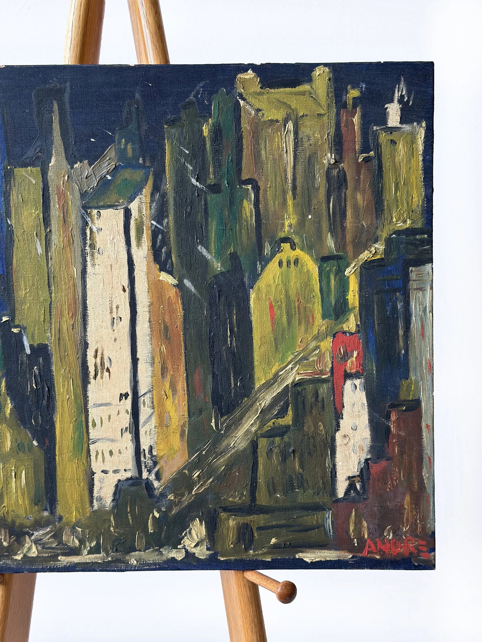 Vintage New York Skyline Acrylic on Board Painting, Signed Andre, Circa 1950s - 5