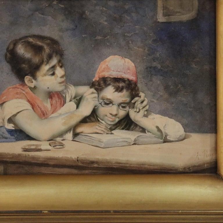Antique Watercolor on Paper of Two Children C1910 - 10