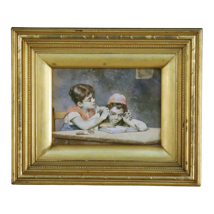 Antique Watercolor on Paper of Two Children C1910: Antique Watercolor on Paper of Two Children with Arts & Crafts Gilt Wood Frame, Signed By A. Percy C1910 Measures - 17"H x 20.5"W x 1.75"D An early 20th-century watercolor painting by A. Percy, depict