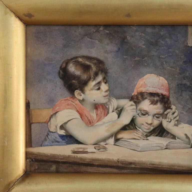Antique Watercolor on Paper of Two Children C1910 - 2