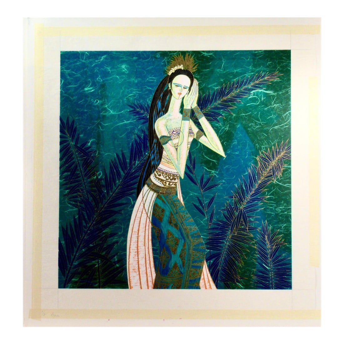 Ting Shao Kuang Bali Princess (Variant Green) 1996 Reproduction Print: This artwork titled "Bali Princess" variant green, 1996, is an original color serigraph on thin rice paper taped to a sheet of wove paper for stabilization by noted Chinese artist Ting Shao Kuang,