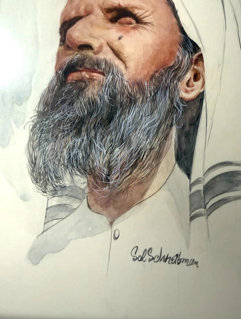 Vintage Original Sol Schreibman Jewish Rabbi Man Watercolor Painting Portrait - 11
